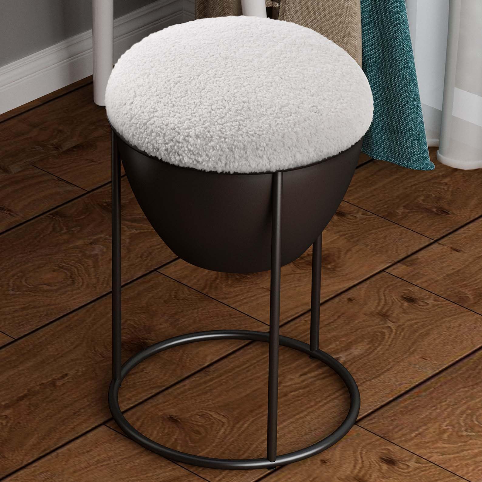 PIETFIU Metal Vanity Stool Chair with Storage,Black Fluffy Padded Ottoman Stool for Desk Makeup Room Bedroom Dorm (Round)