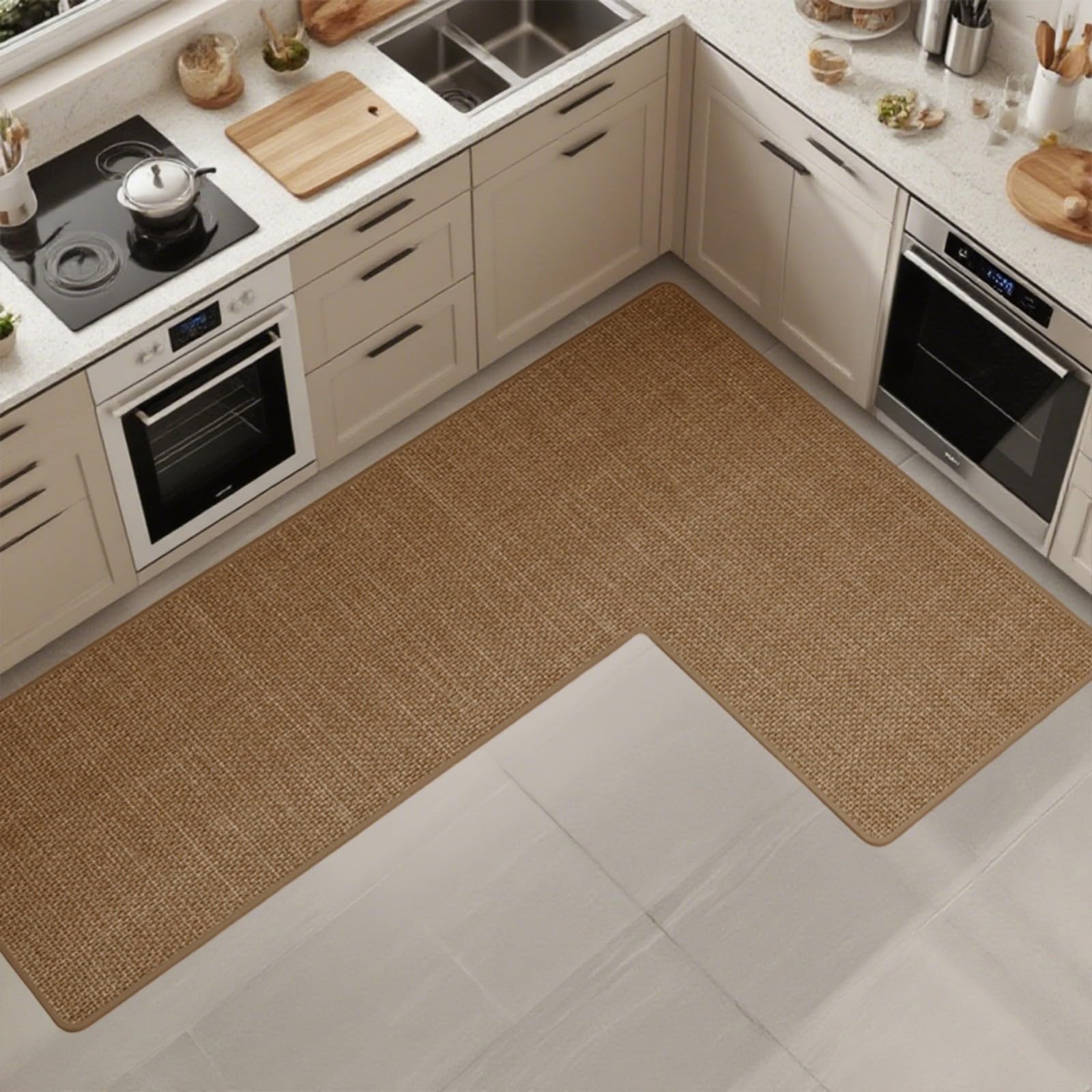 Anti-Slip Corner Kitchen Rug, 1 Piece L-Shaped Floor Mats,Super Absorption Linen Corner Mat for Home,Kitchen (Taupe Left-L, 31''X47''X18'')