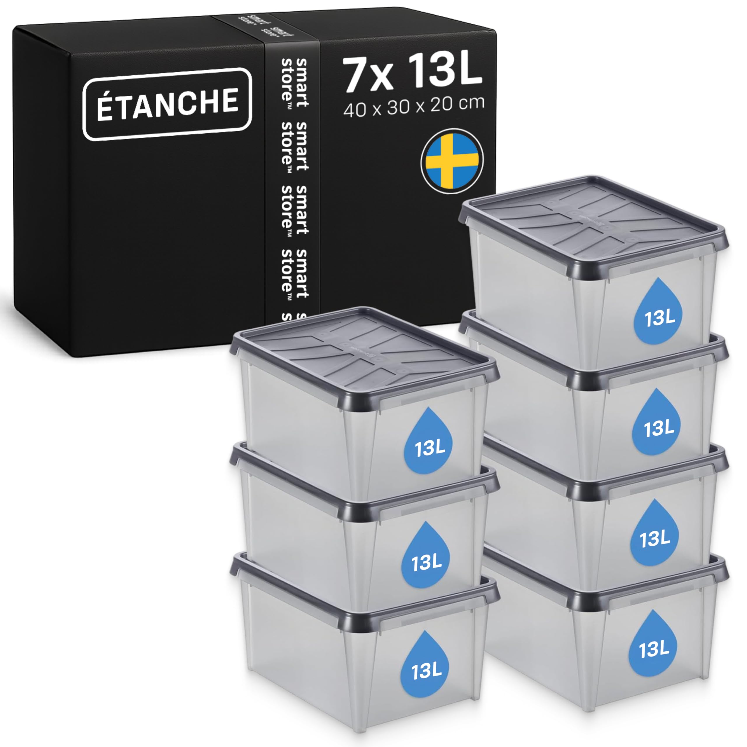 SmartStore Boites de Rangement en Plastique Garage avec Couvercles - Lot de 7 - Transparentes - IP64 - Étanches, Emboîtables et Empilables - Aptes au Contact Alimentaire - L 40 x I 30 x H 20 cm - 13L