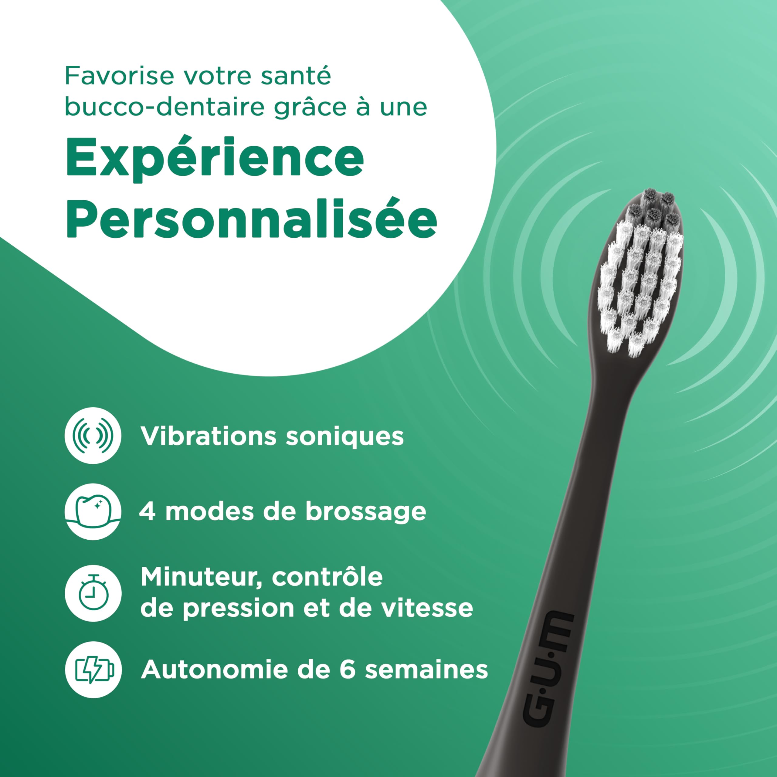GUM SMART ONE Brosse à dents électrique | contrôle de vitesse | minuteur | 4 modes de brossage | 6 semaines d’autonomie | application intelligente | 1 brosse à dents | 2 têtes de brosse | Noire