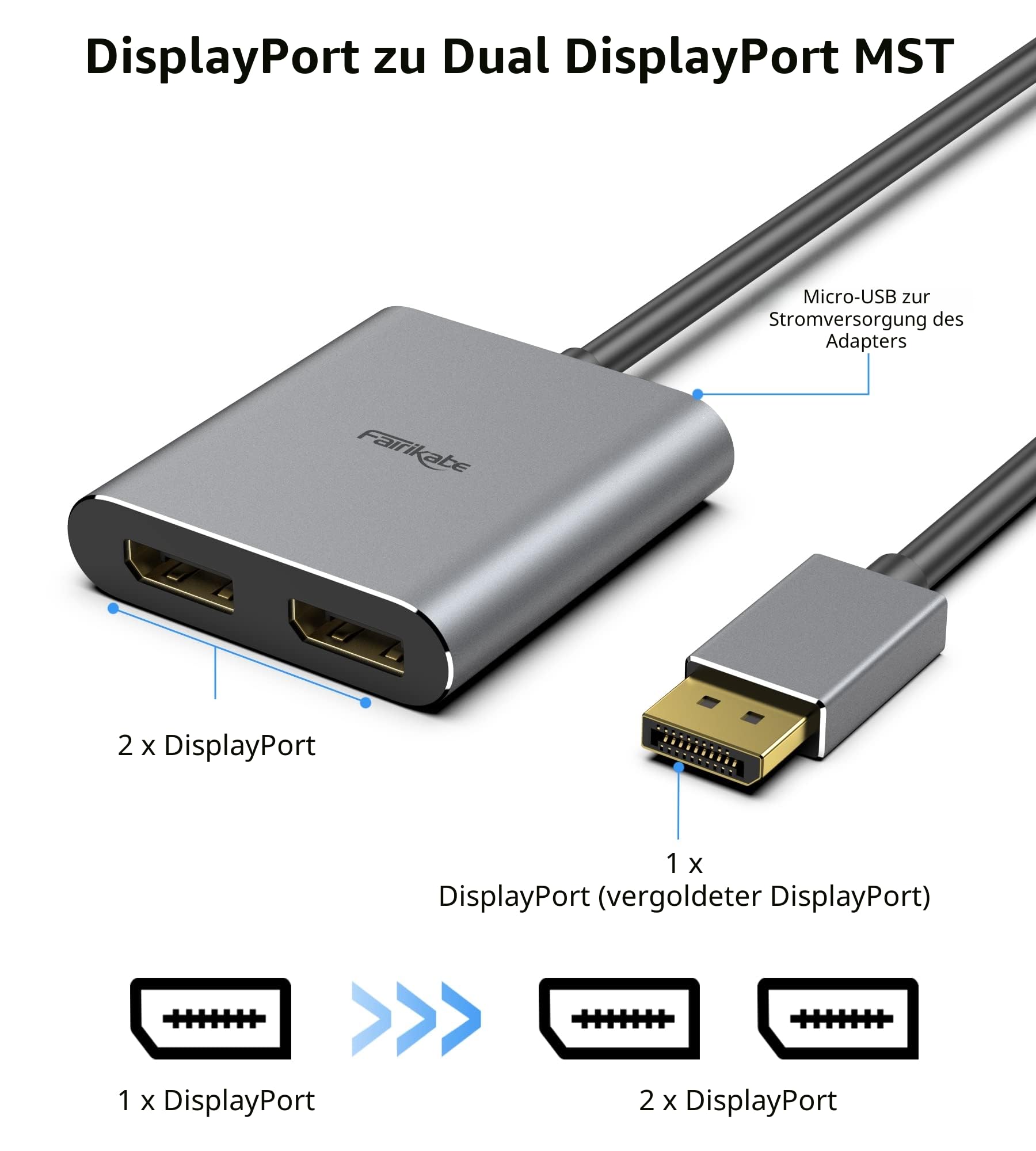 fairikabe DisplayPort zu Dual DisplayPort Splitter Adapter 4K60Hz für Dual Monitor, MST DP Adapter erweitern Display 1 in 2 Ausgänge, displayPort Hub für Desktop Computer