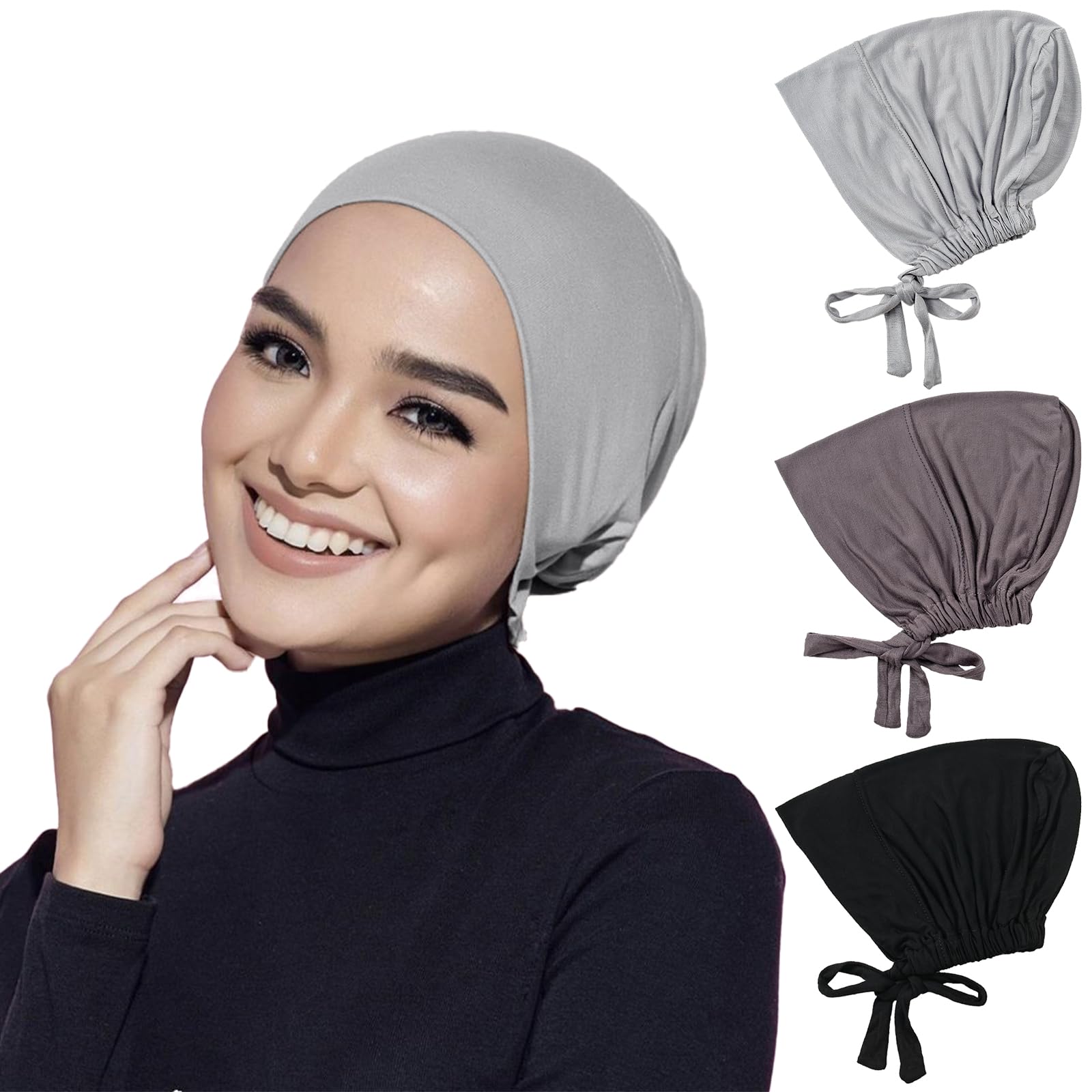 Scettar 3 Pack Women's Hijab Undercap, Adjustable Elastic Breathable Cotton Hijab Cap with Tie Back Closure - Solid Color