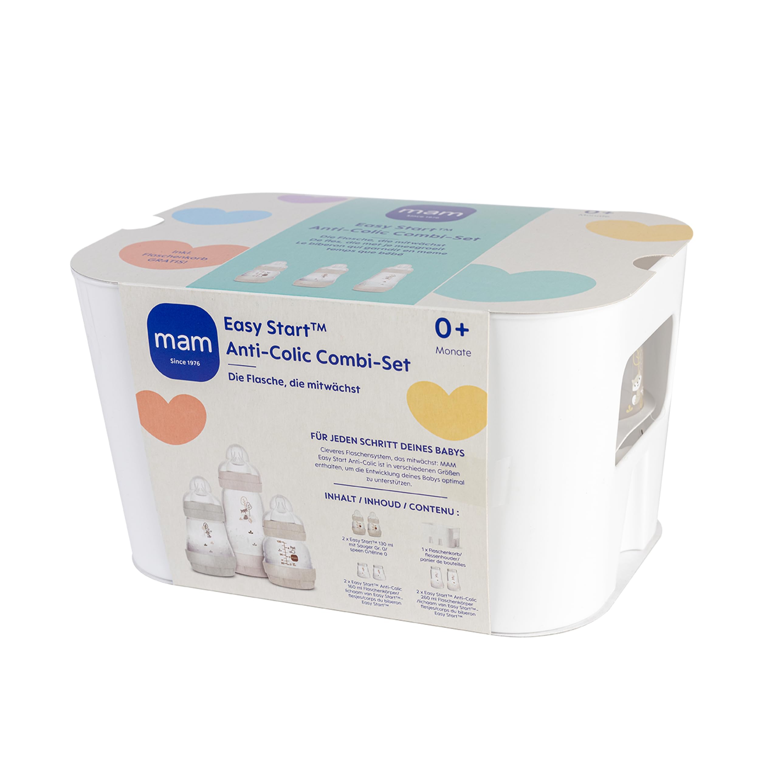 MAM Easy Start - Set di 6 biberon anti-coliche (2 x 130 ml, 160 ml, 260 ml) e cestino per biberon, colore: Beige