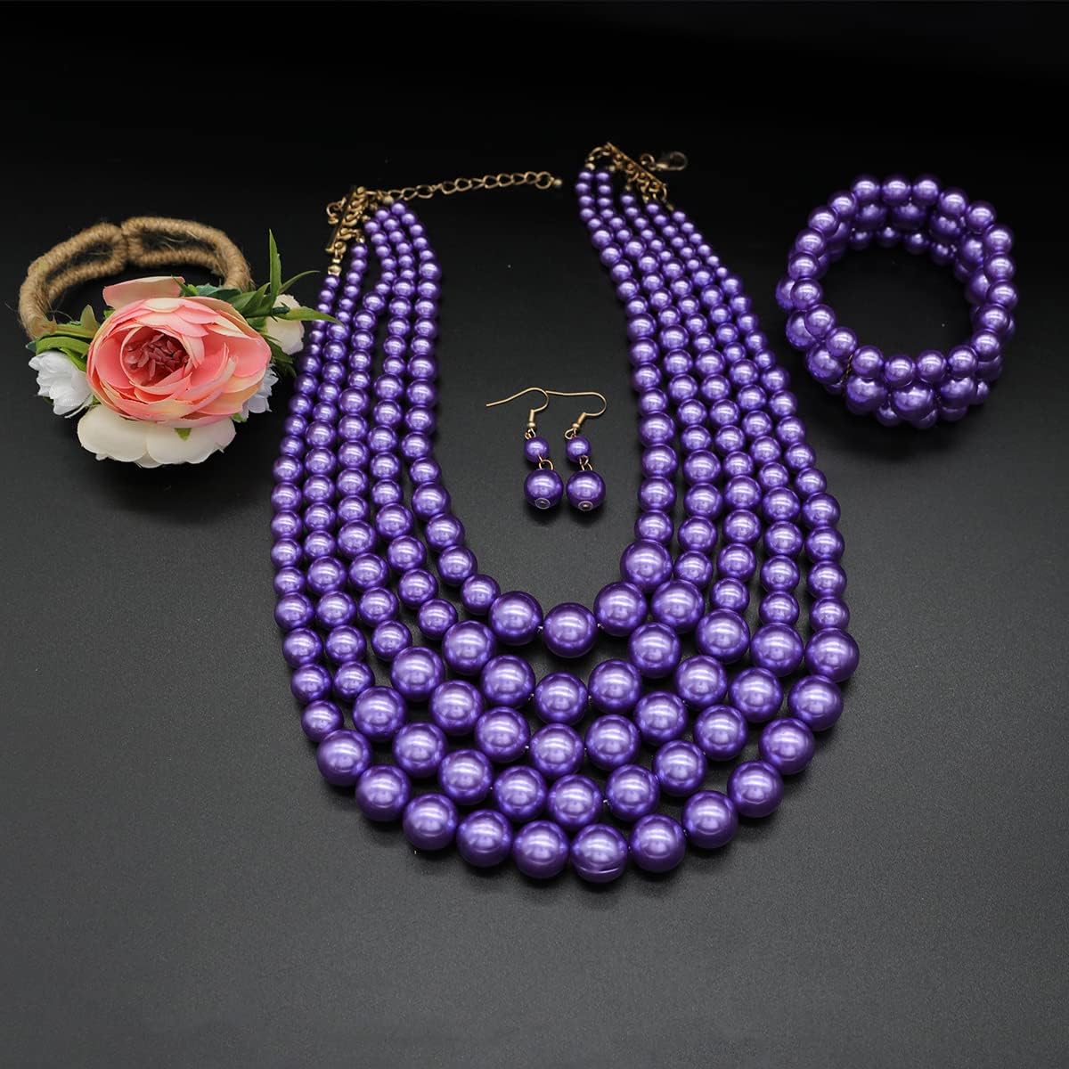 Big Faux Pearl Necklace for Women Large Pearls Choker Necklaces Chunky Pearl Necklace and Earrings Set 1920s Costume Pearl Jewelry - Image 2