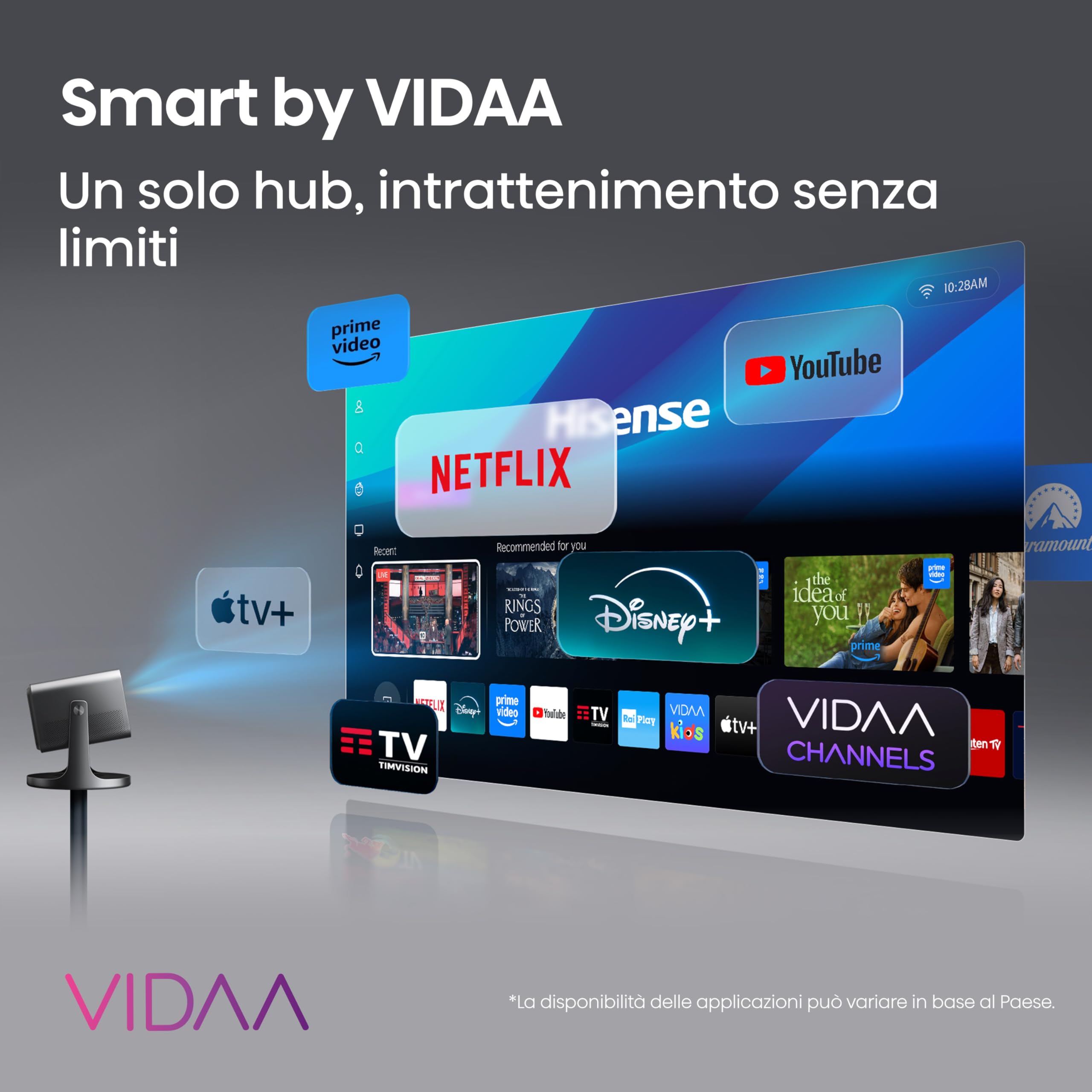Hisense Proiettore Laser C3, Proietta immagini da 65 a 300" in 4K, 2500 ANSI lumen, Smart OS VIDAA, Risoluzione 4K, Teconologia a Triplo Laser, Zoom Ottico, Dolby Vision, HDR10+, Audio JBL 20W