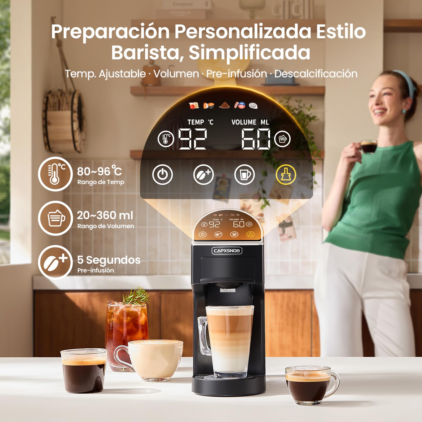 Magician2 Cafetera 5 en 1 para cápsulas Dolce Gusto, Nespresso, Lavazza A Modo Mio, ESE 44mm y Café Molido, Panel Táctil, Auto-Ajuste, Sin Palanca, 20Bar, Máquina Multicápsula Compacta Hogar y Oficina