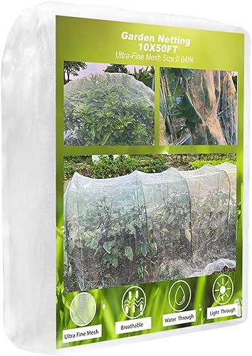 Red de jardín, 10 x 50 pies, malla de jardín ultra fina con 36 clips, red de protección de barrera de cubierta de fila para pájaros animales, red de