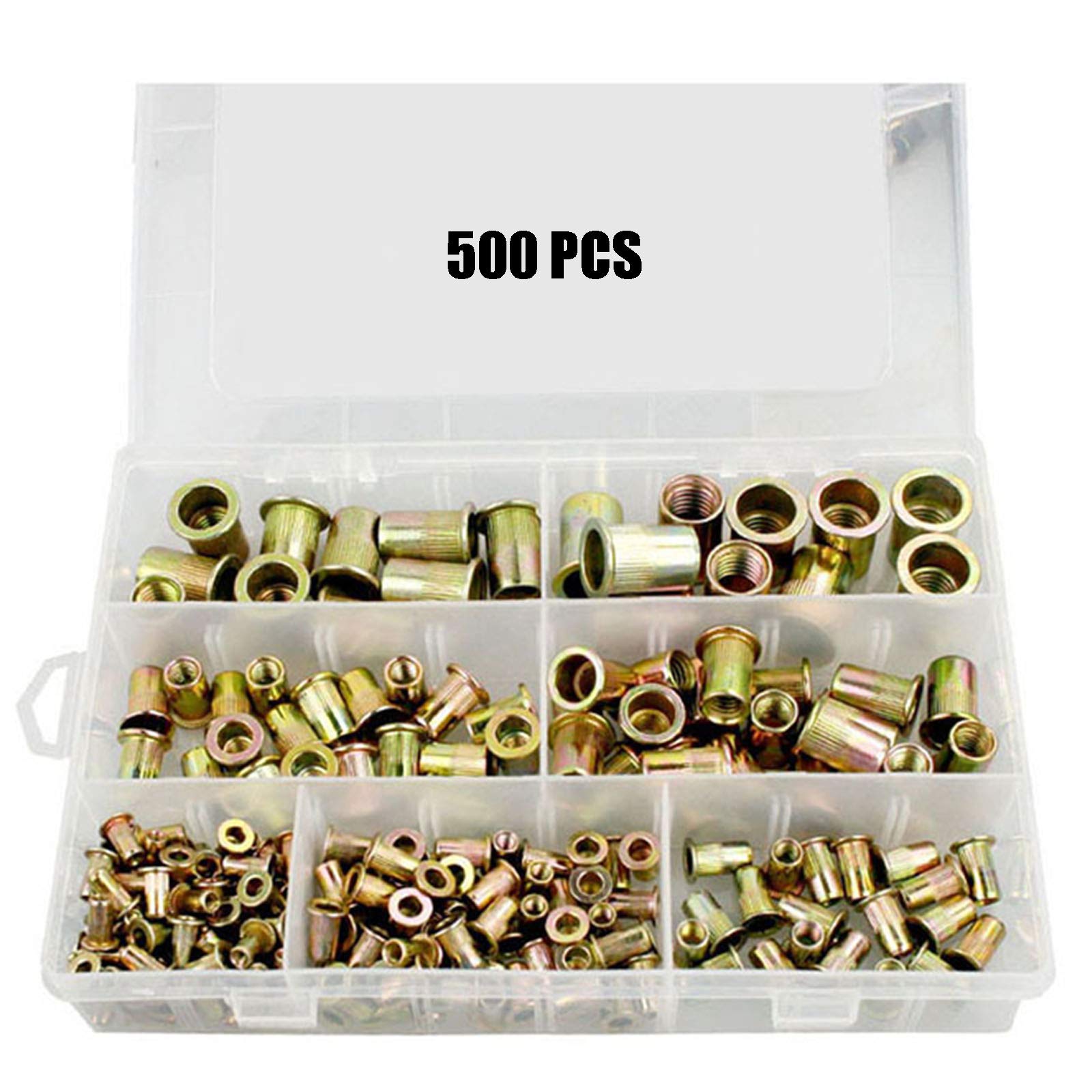 Tuerca De Remache De Acero Al Carbono De 500 Piezas Sistema Métrico De Superficie Chapada En Zinc + Kit Ensamblado En Pulgadas (M3-M10 Y 8-32, 10-24, 1/4-20, 5/16-18, 3/8-16, 1/2-13)