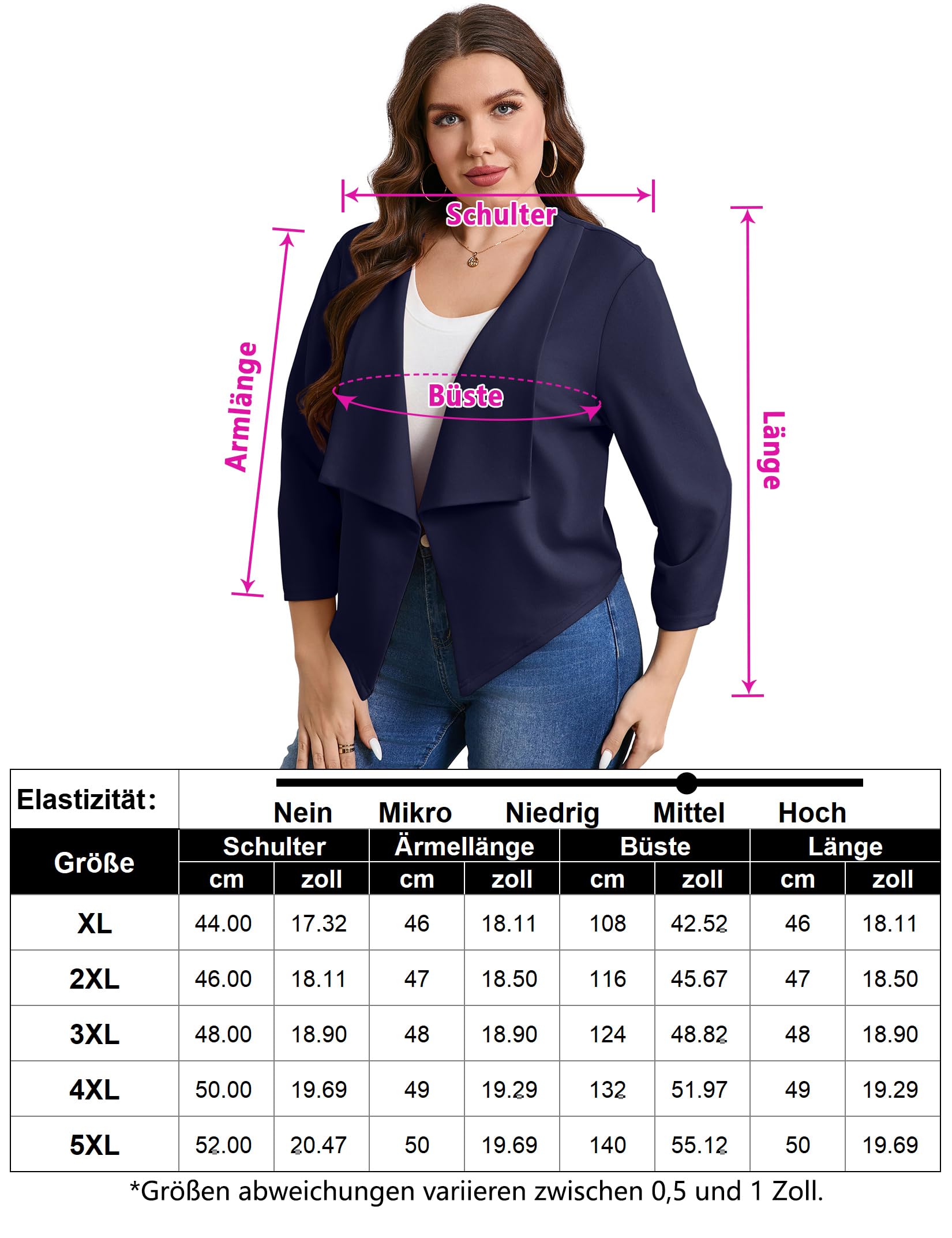 Grande Casual Blazer Open Front 3/4 Gathered Sleeve Work Office Business Size Elegante Cardigan Jackets