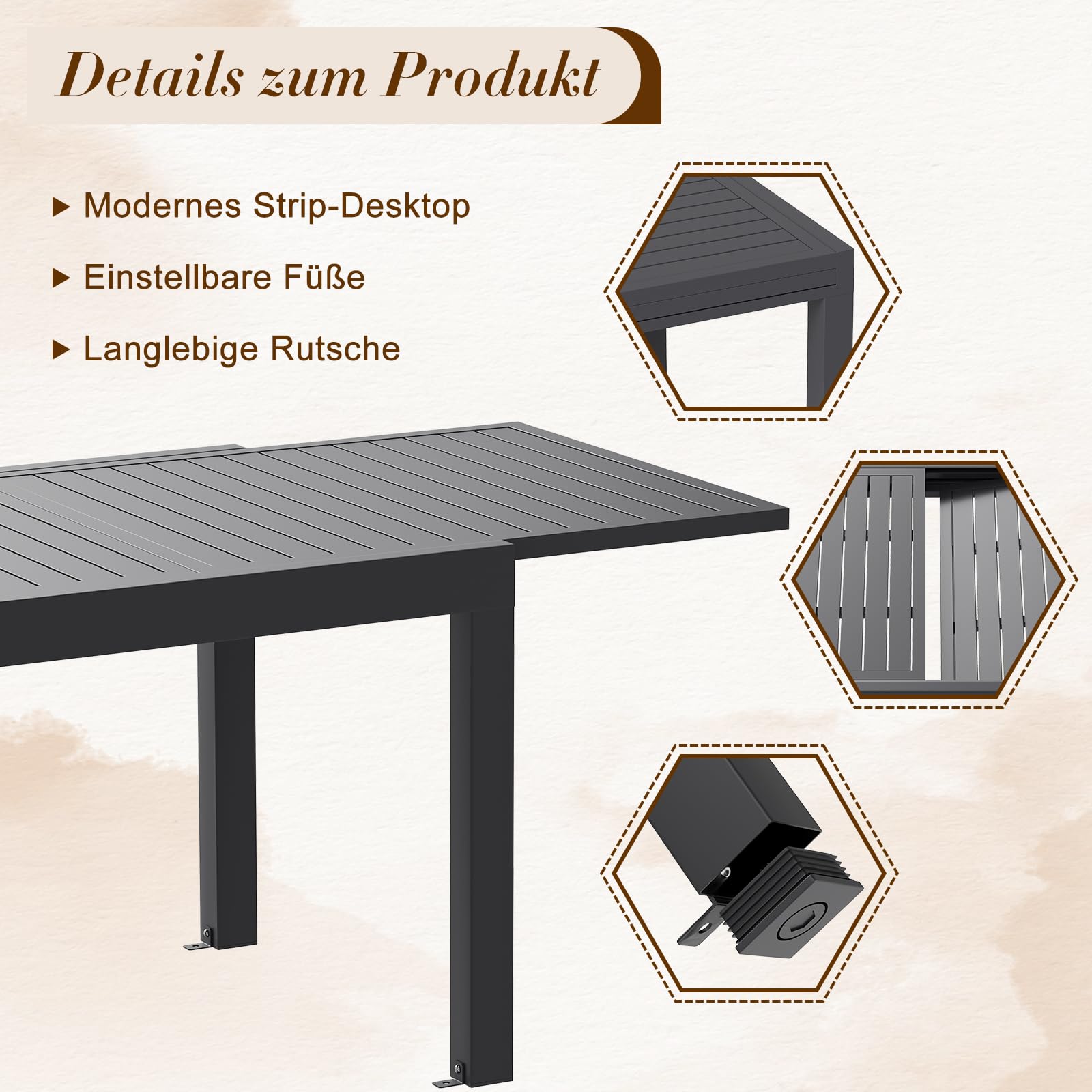 TRIUMPHKEY Salon de Jardin Extérieur 6 Personnes en Aluminium - Table Extensible (80-160 cm) & 6 Chaises Stapelables - Ensemble Terrasse et Jardin, Gris foncé