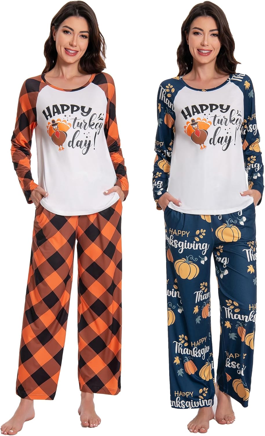 Women Turkey Pajamas Long Sleeve Tops and Pants Pajamas Set Sleepwear with Pockets