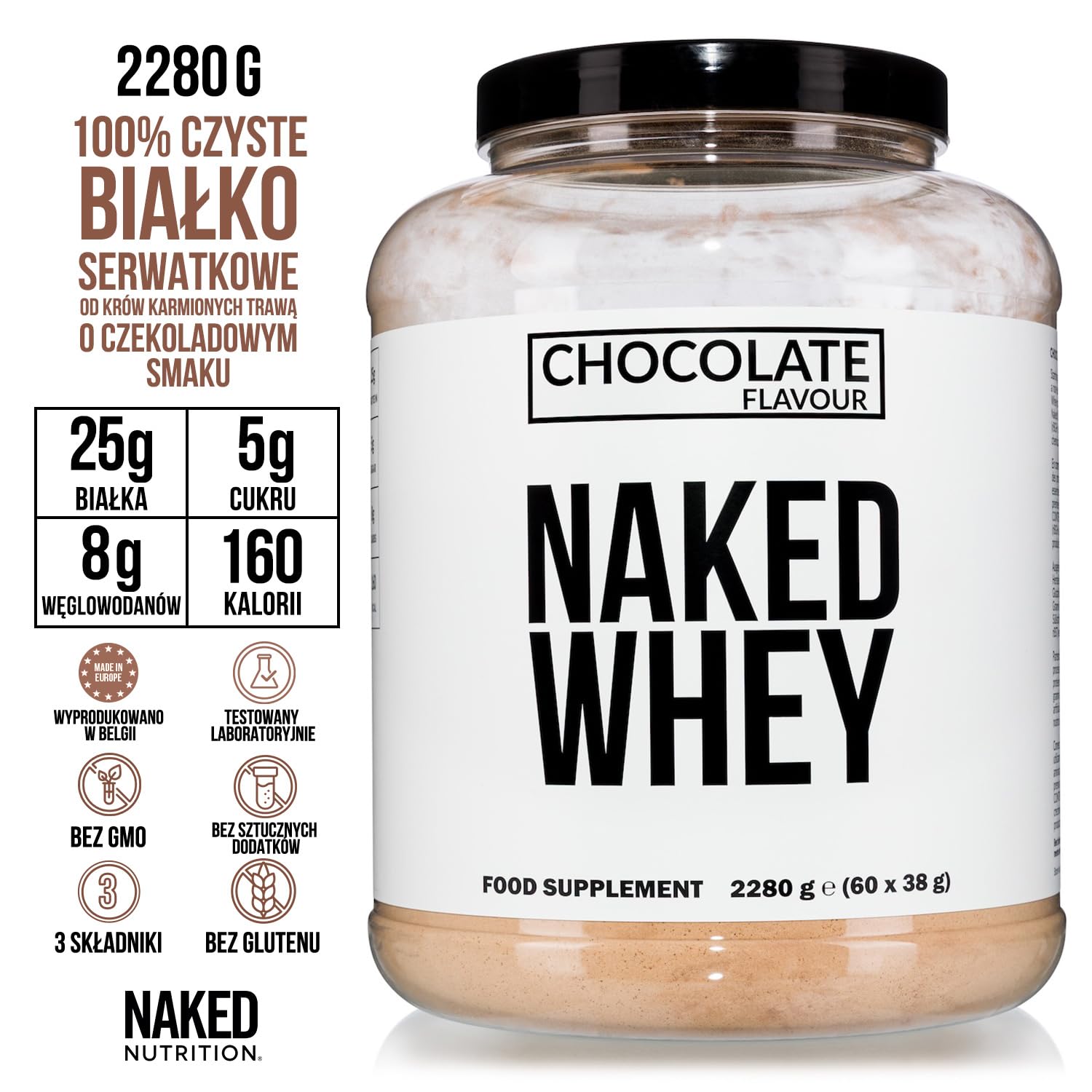 Naked Whey – białko serwatkowe w proszku, czekolada, bez GMO, bez soi, bez glutenu, wspomaganie wzrostu i regeneracji mięśni - 2280 g