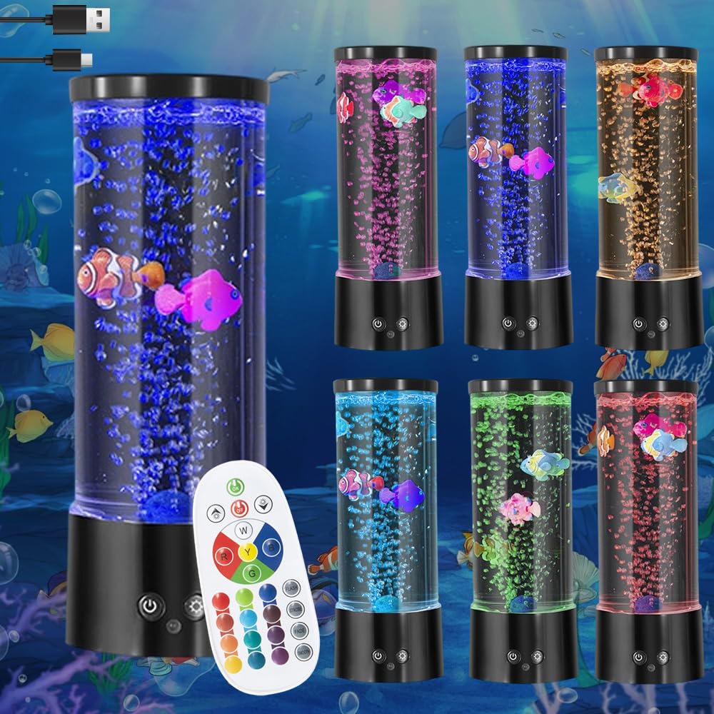 Lavalampe, Blase Fischlampe mit Fernbedienung, 16 Farben und 4 Modi, LED Aquarium Lampe, Blasenlichtlampe mit Fisch, LED Bubble Fischlampe für Zuhause Schlafzimmer Büro Geschenke (Fische)