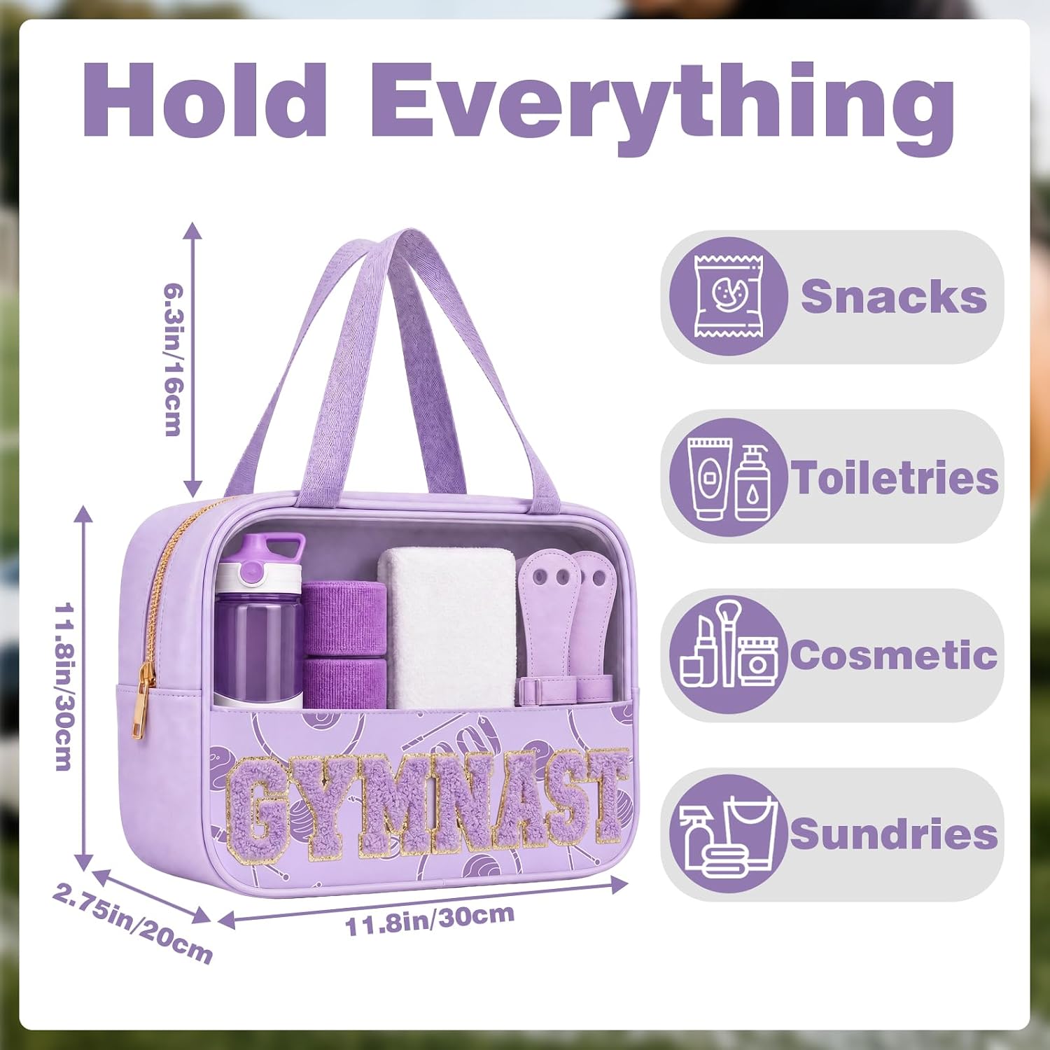 Gymnastics Makeup Bag for Girls, Clear Chenille Letter Cosmetic Pouch with Zipper, Portable Travel Toiletry Bag, Gymnastics Gift image 3