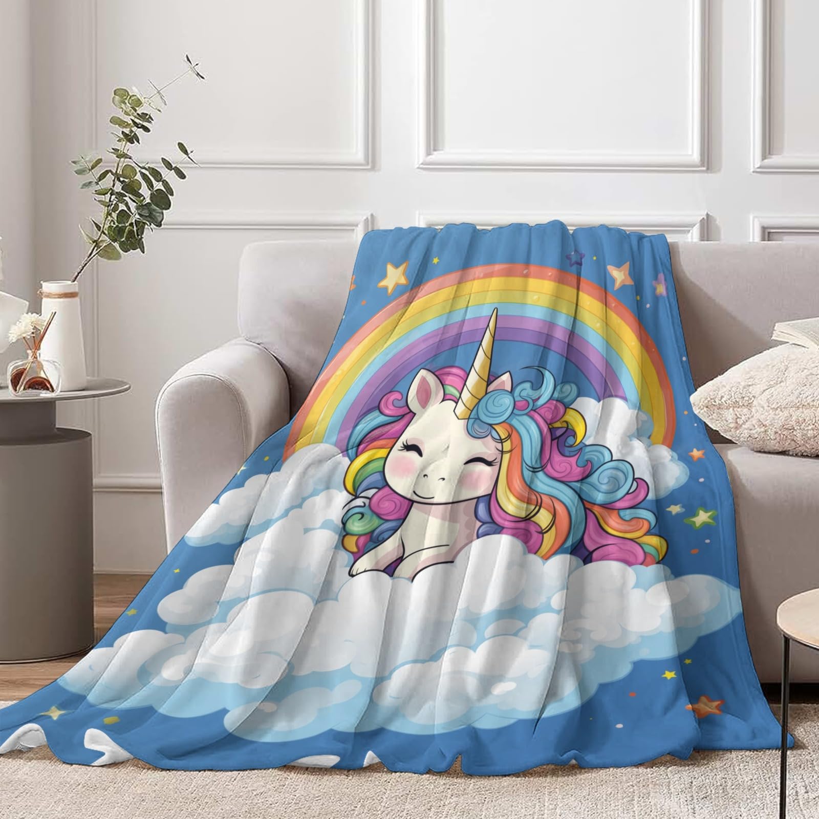 PINKBAY Rainbow Unicorn Flannel Throw Blanket, 50×60in - 340GSM Cozy Lightweight Thick Cute Lucky Unicorn Blanket - Christmas Birthday Gifts for Kids Baby Girl Boy Bedroom Living Room Couch Sofa Decor