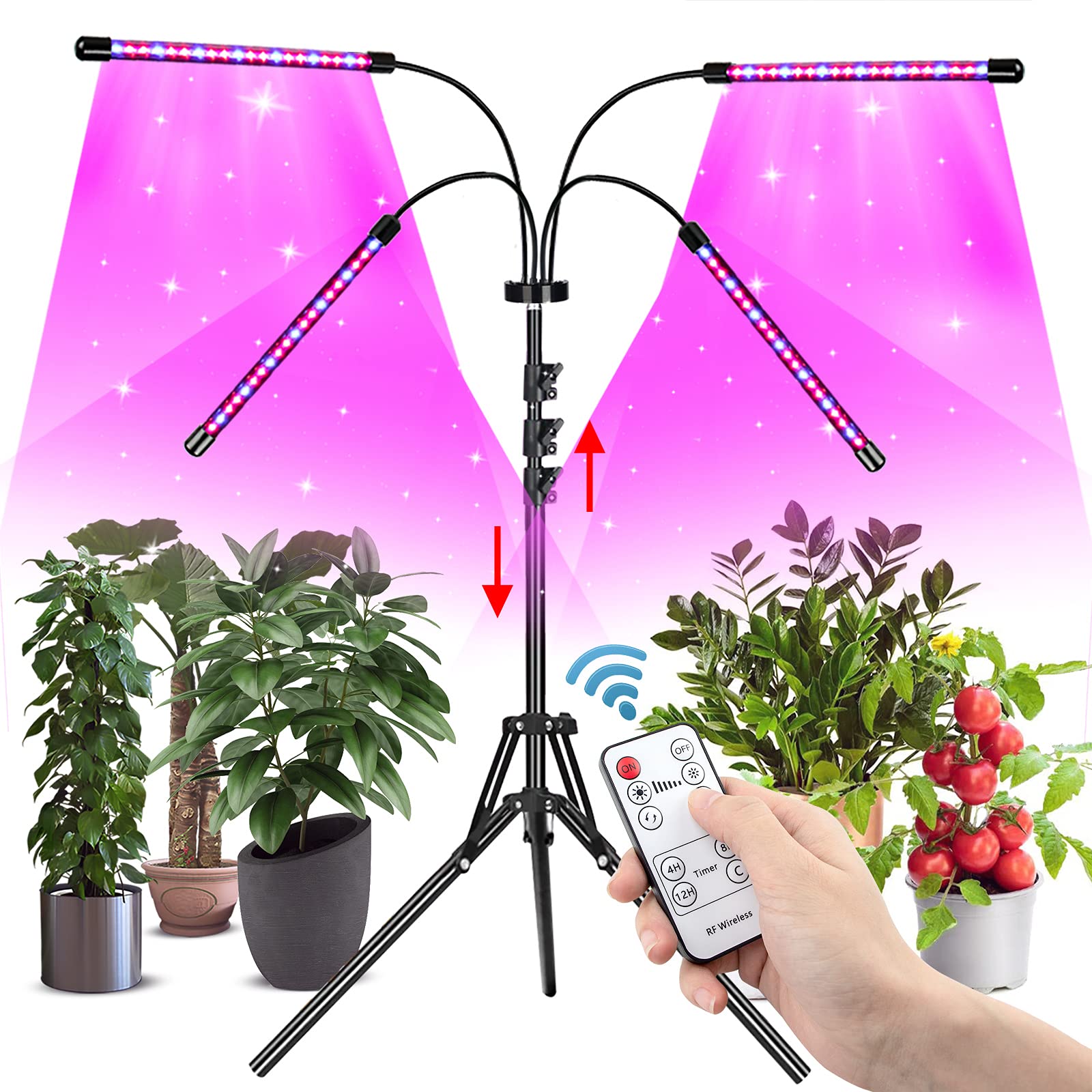 Soudntns LED Grow Light with Stand,Plant Light Full Spectrum,3/9/12H Timer,Grow Lamp Tripod Adjustable 12-63 in,4-Heads Plant Lamp for Seedlings-Succulents