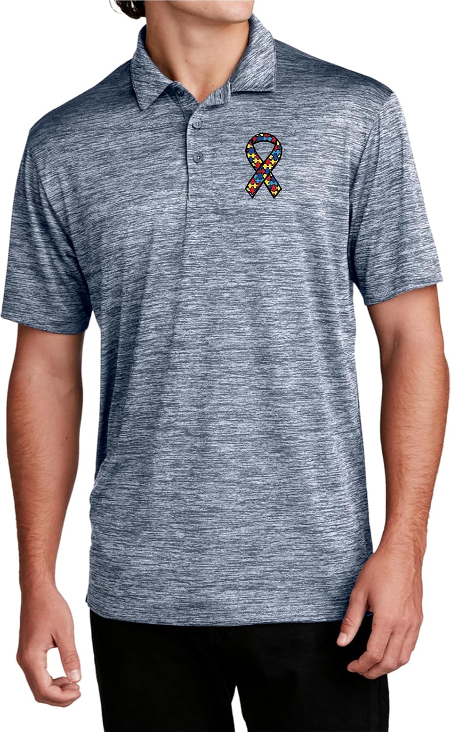 Autism Ribbon Chest Print Electric Heather Polo Shirt