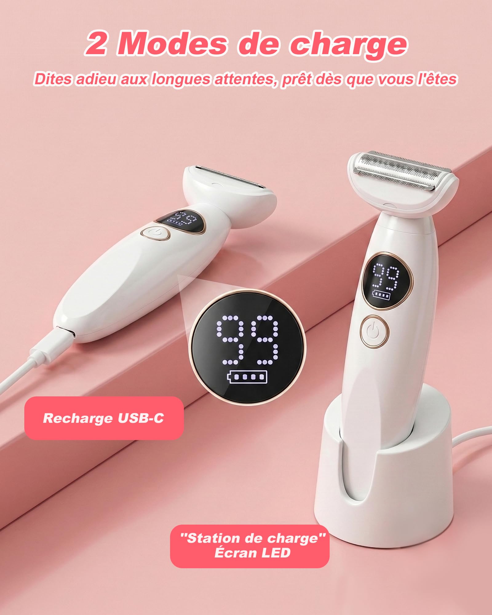 Carehabi Rasoir Électrique Femme 5 en 1 & Tondeuse Bikini - Rasoir Intime Femme Étanche IPX7 pour Visage, Corps, Maillot & Sourcils - Lady Shaver Sans Fil avec Base de Charge USB