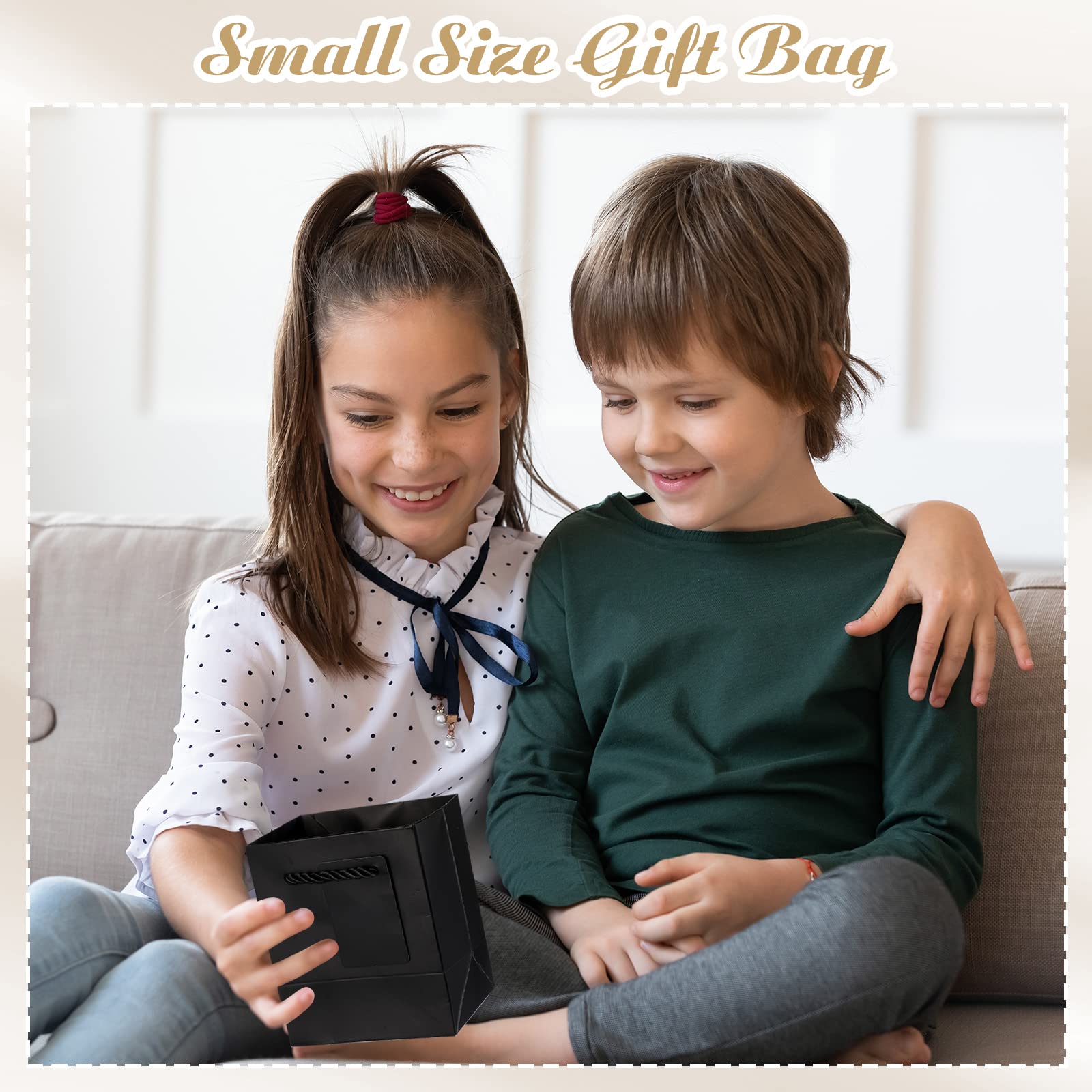 50 Pcs Mini Gift Bags Bulk Paper Bags with Gift Tags Extra Small Paper Gift Bags with Handles for Valentine's Day Birthdays Baby Showers Weddings Party Favors Supplies 4 x 2.75 x 4.5 Inch (Black)