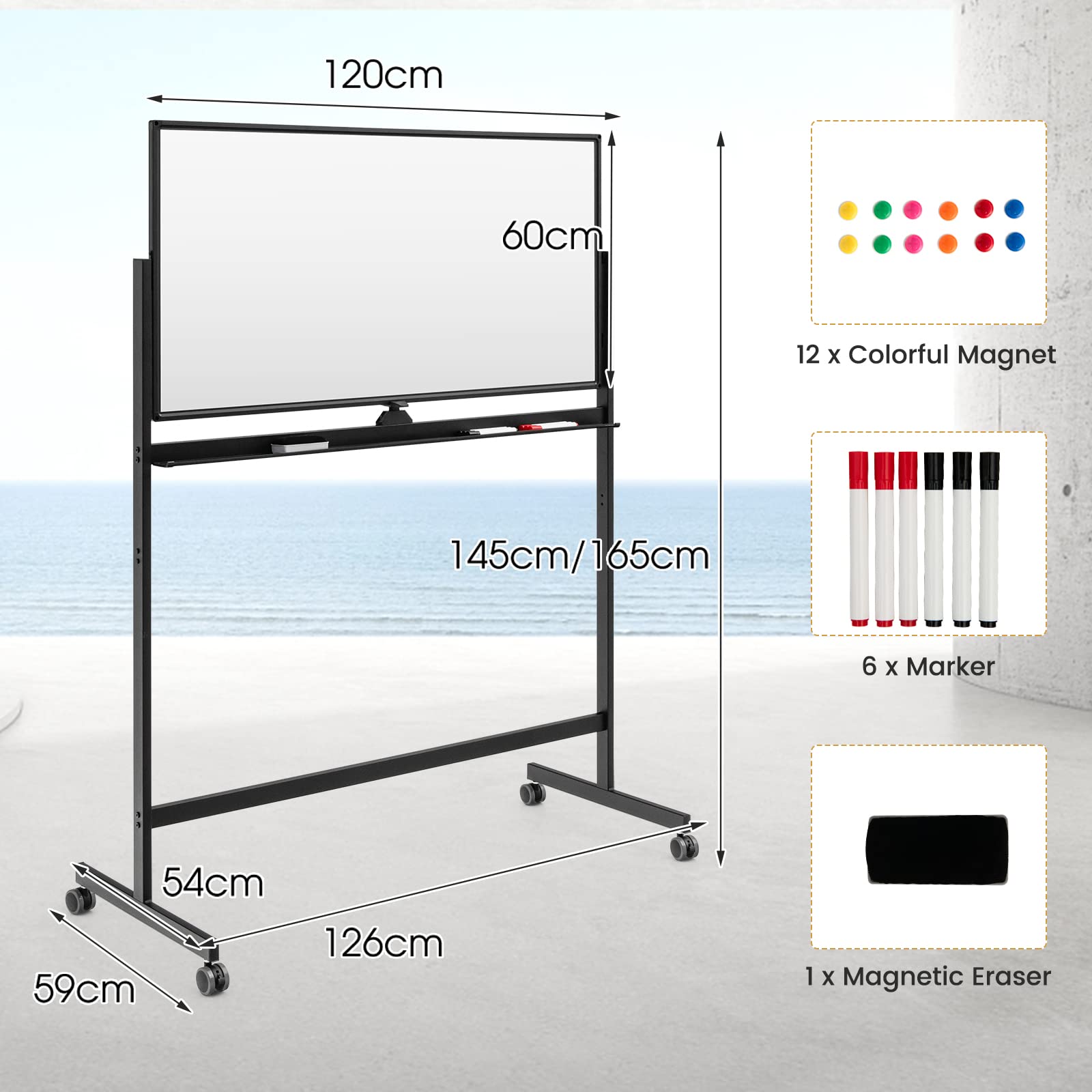 GIANTEX 120 x 60 cm dwustronna tablica magnetyczna z kołami, regulowana wysokość w 360° z 6 markerami, 12 magnesami i 1 gumką, odwracalna tablica do biura, domu, szkoły (czarna)
