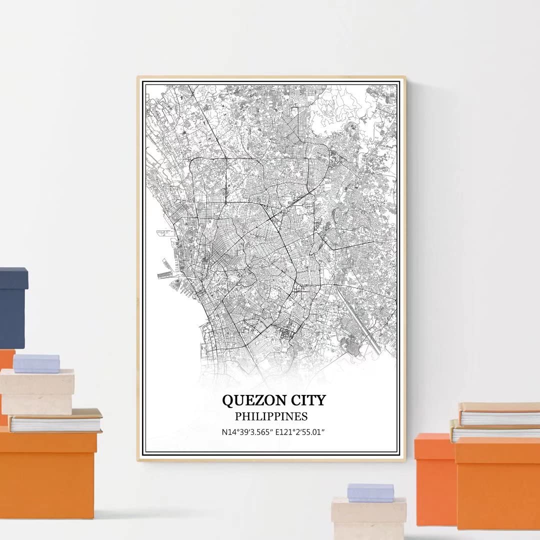 Quezon Miasto Filipiny mapa sztuka ścienna płótno druk plakat grafika nieoprawiona nowoczesna czarno-biała karta pamiątka prezent dekoracja domu 61 x 92 cm
