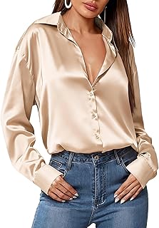 Camisa de seda satinada con botones para mujer, manga larga, cuello en V, holgada, elegante, casual, para negocios, trabajo, túnica de otoño