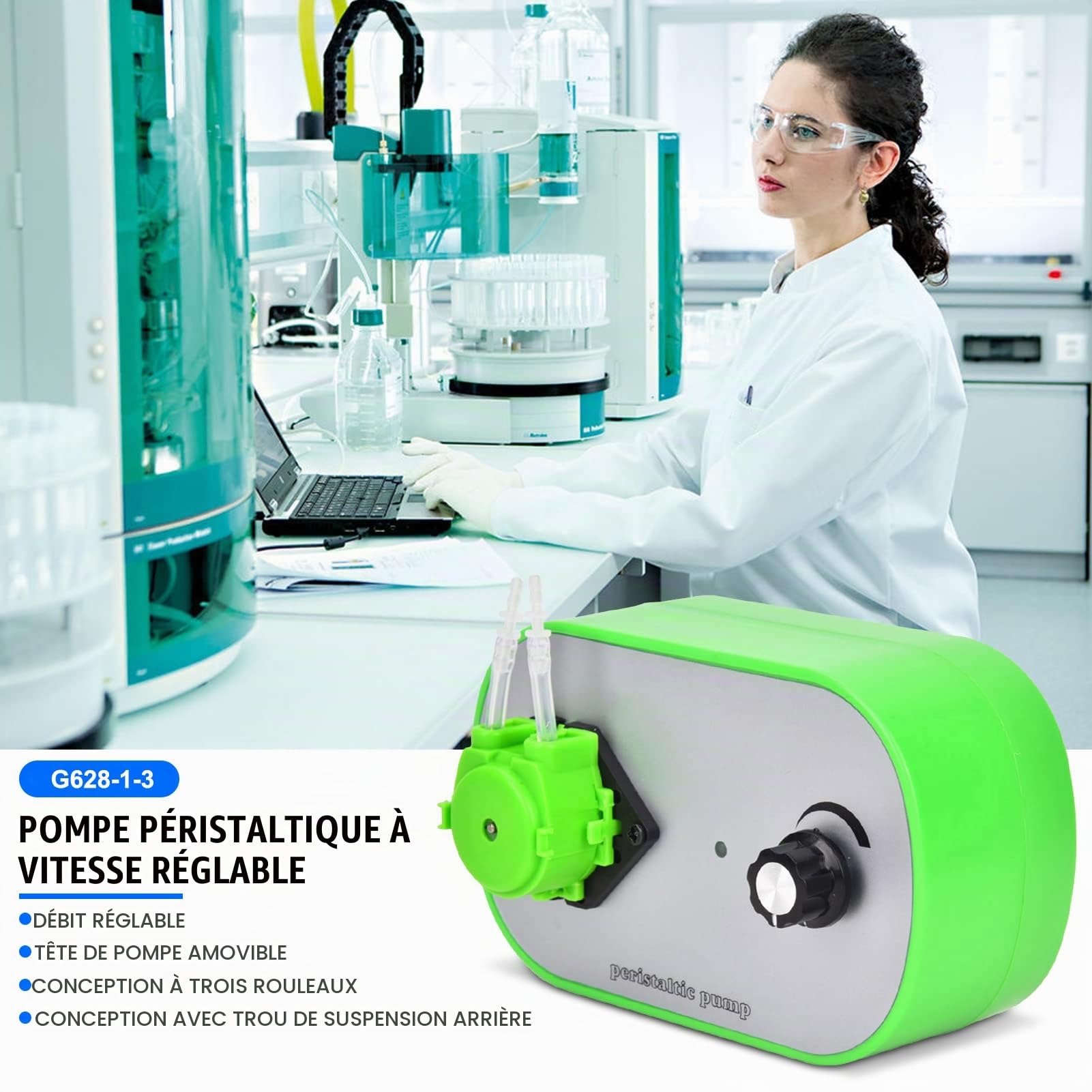 Pompe péristaltique, pompe à liquide péristaltique G628-1 Pompe doseuse à vitesse réglable 100-240V(19～120ml/min (G628-1-3) EU PLUG)