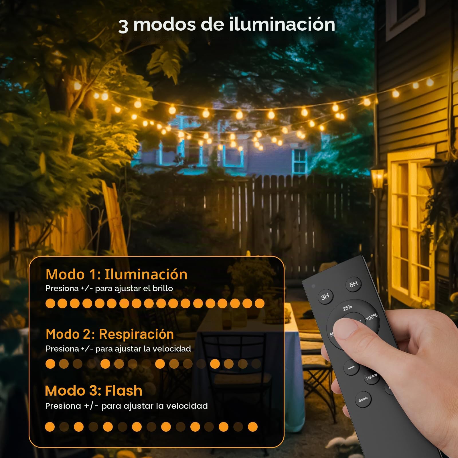 Guirnalda Luces Exterior Regulables, 30M Luces Exterior Jardin con Control Remoto, 50+2 LED Bombillas, IP45 Impermeable, Baja Tensión 24V, Blanco Cálido para Patio, Balcón, Camping, Fiestas