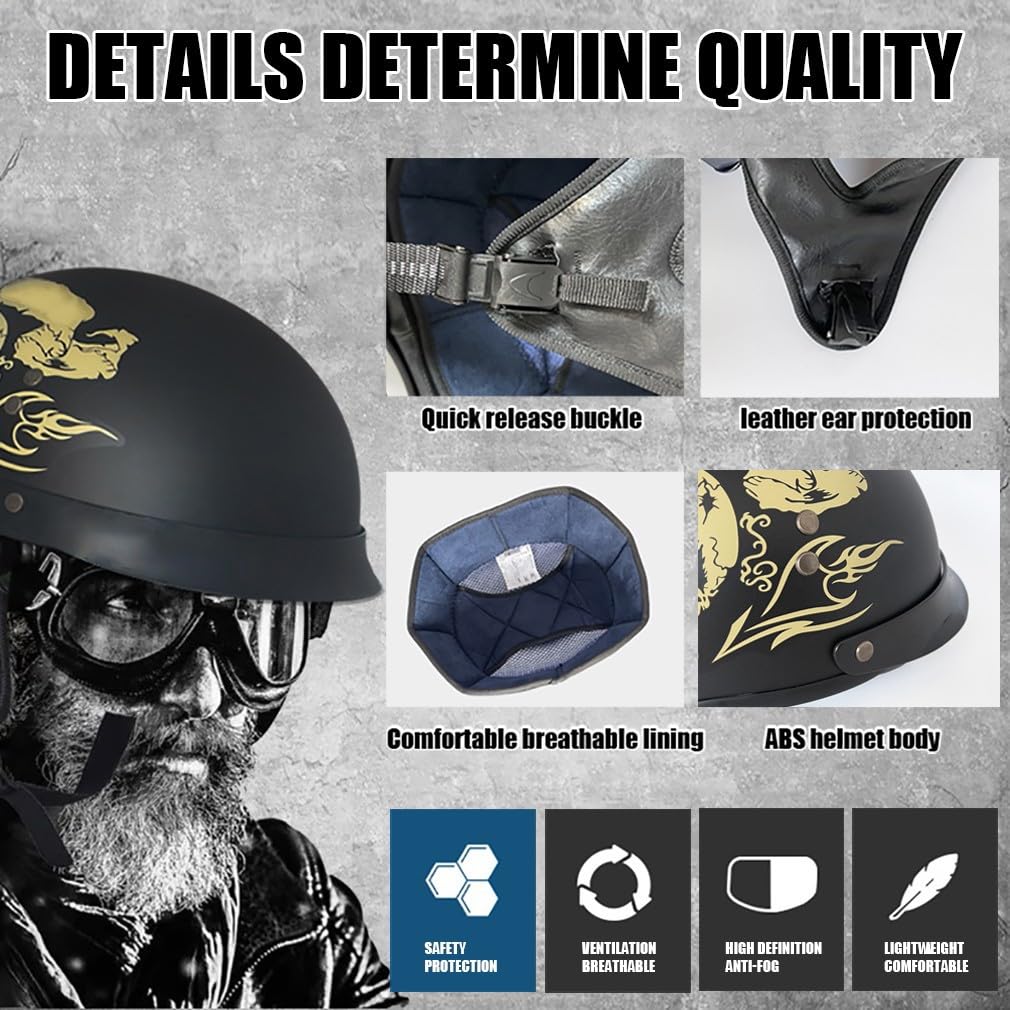 Casque de Moto Vintage Demi-Casque Moto Ouvert Casque Jet Rétro Casque Bol avec Visière Homologué ECE Léger Casque Scooter Cyclomoteur pour Adulte Hommes et Femmes