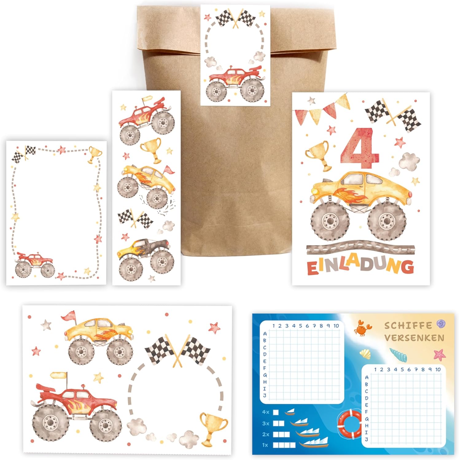 Junapack 12 Einladungskarten 4. Geburtstag - Feuerwehr Motiv Jungen A6 Format