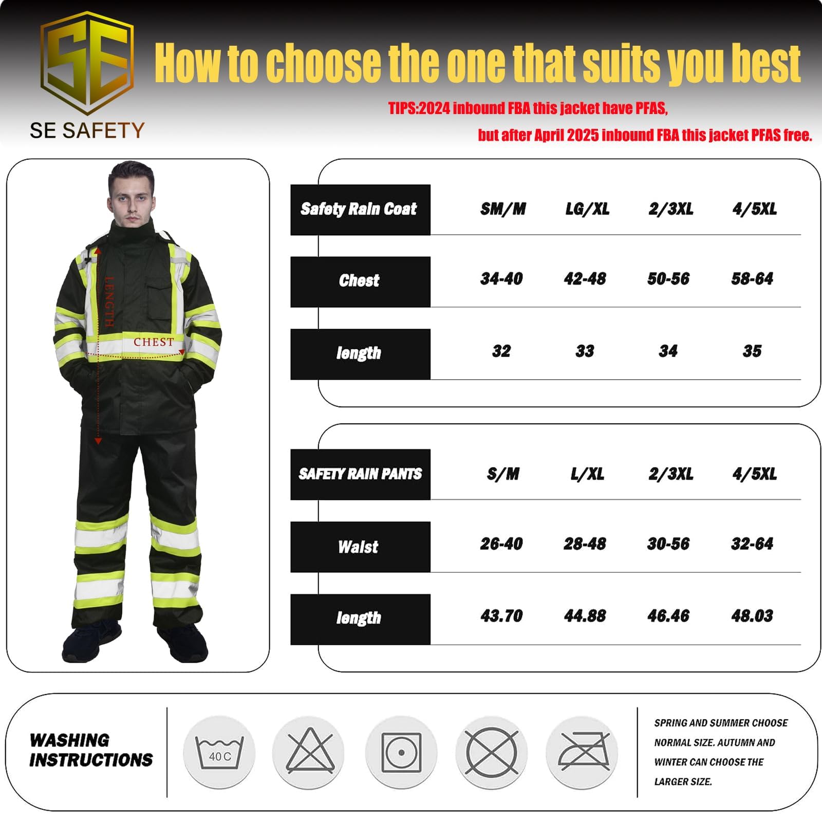 sesafety Giacca antipioggia ad alta visibilità, classe 3, abbigliamento antipioggia da uomo