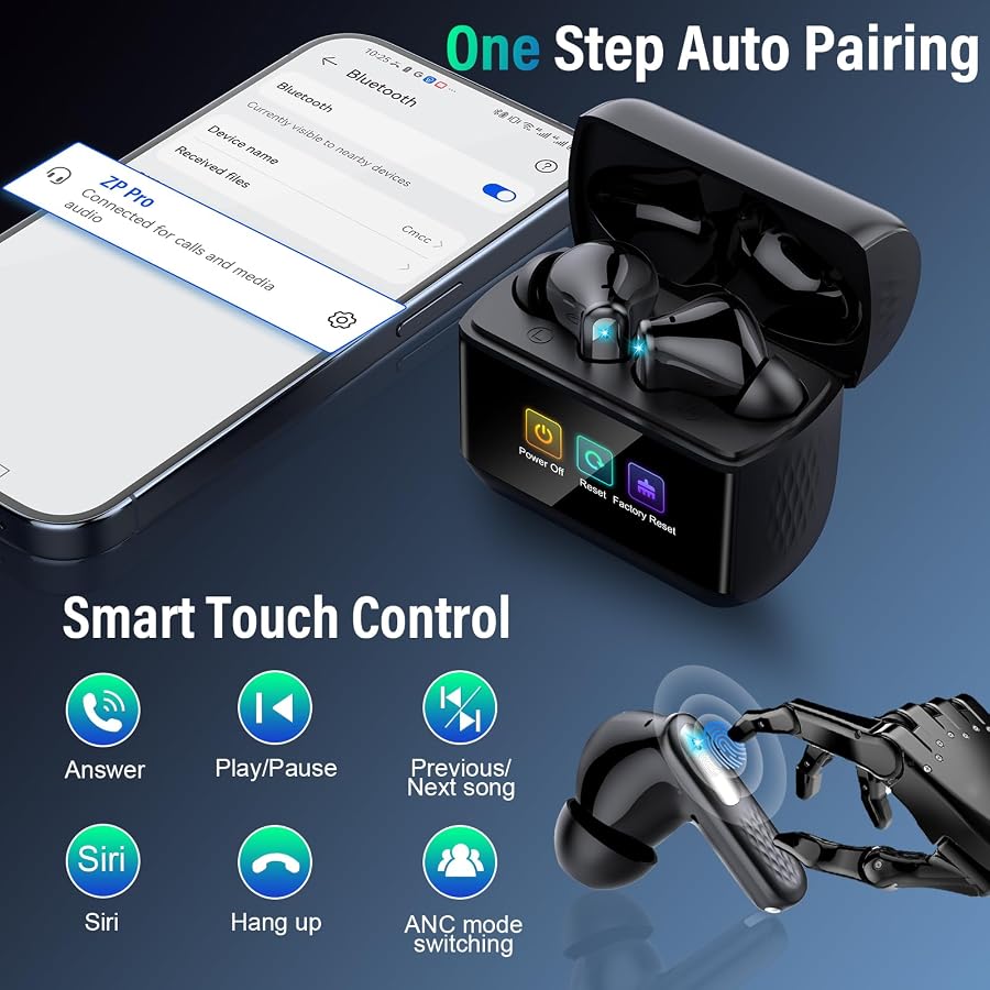 Wireless Earbuds, Touch Screen Case, ANC/ENC Noise Cancelling, 48H, Black | Touch Screen Controls, 5 EQ Modes, Bluetooth 5.4, HiFi Stereo, Transparency Mode, IPX7 Waterproof, All-Day Comfor, image 8