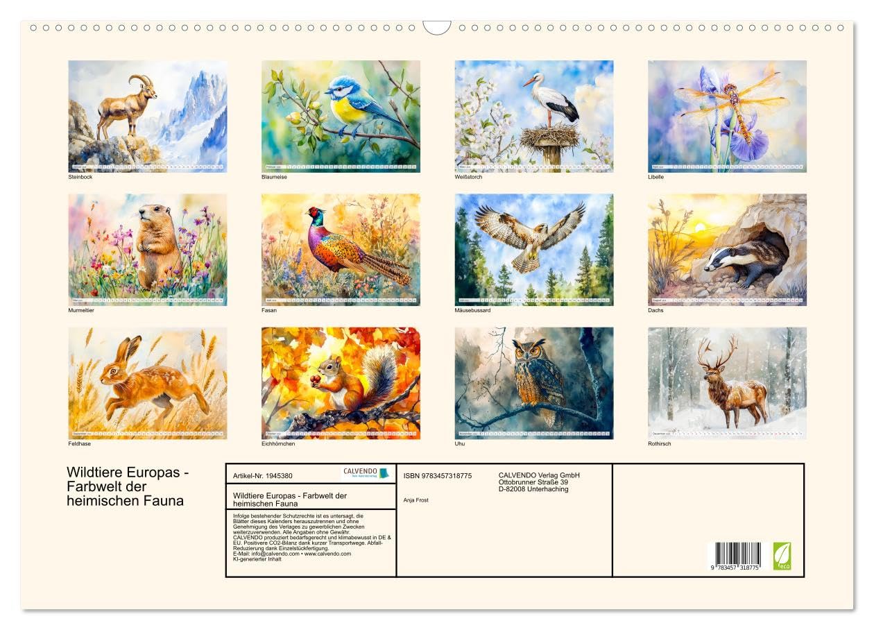 Wildtiere Europas - Farbwelt der heimischen Fauna (Wandkalender 2026 DIN A2 quer), CALVENDO Monatskalender: Entdecken Sie die magische Tierwelt in bezaubernden KI-Aquarellen (CALVENDO Tiere)