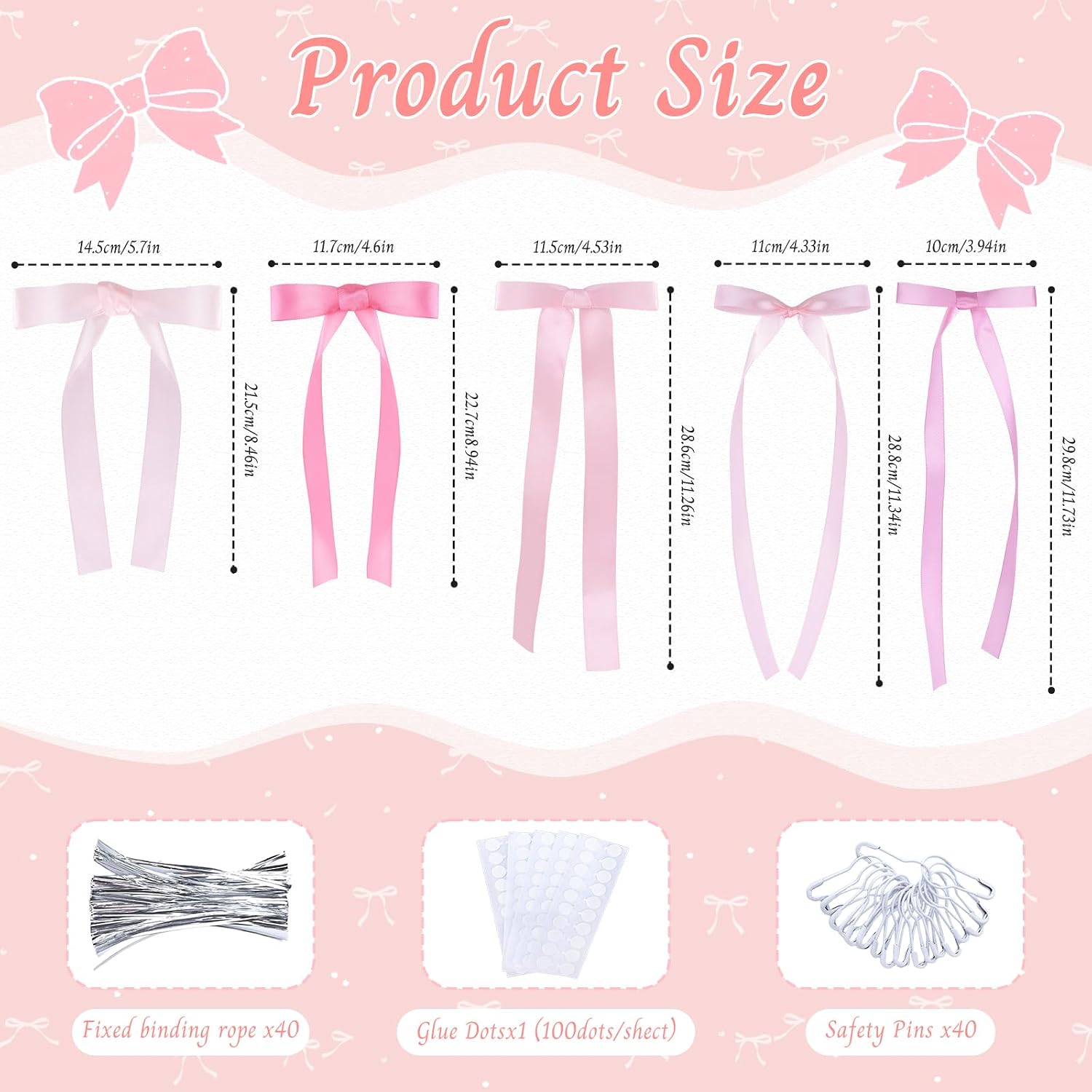Babenest 5 Sizes Pink Bows Wall Decor, 40Pcs Satin Ribbon Bows for party