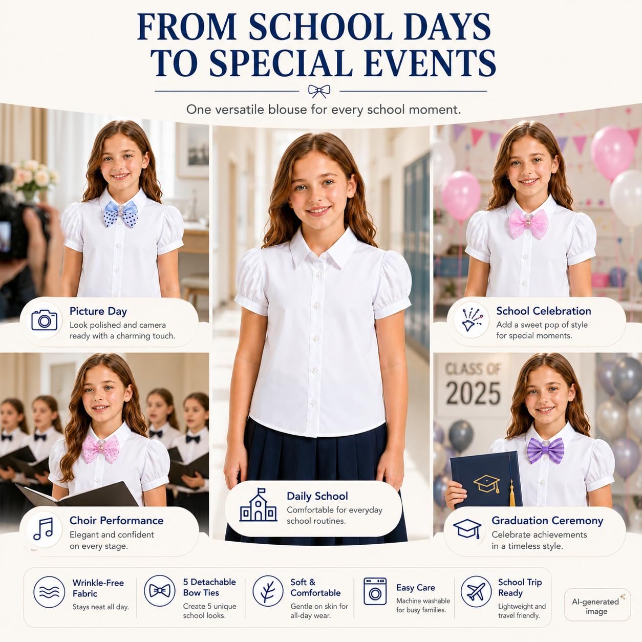 Bienzoe Fille Oxford Manche Courte Chemisier nœud Papillon Pack