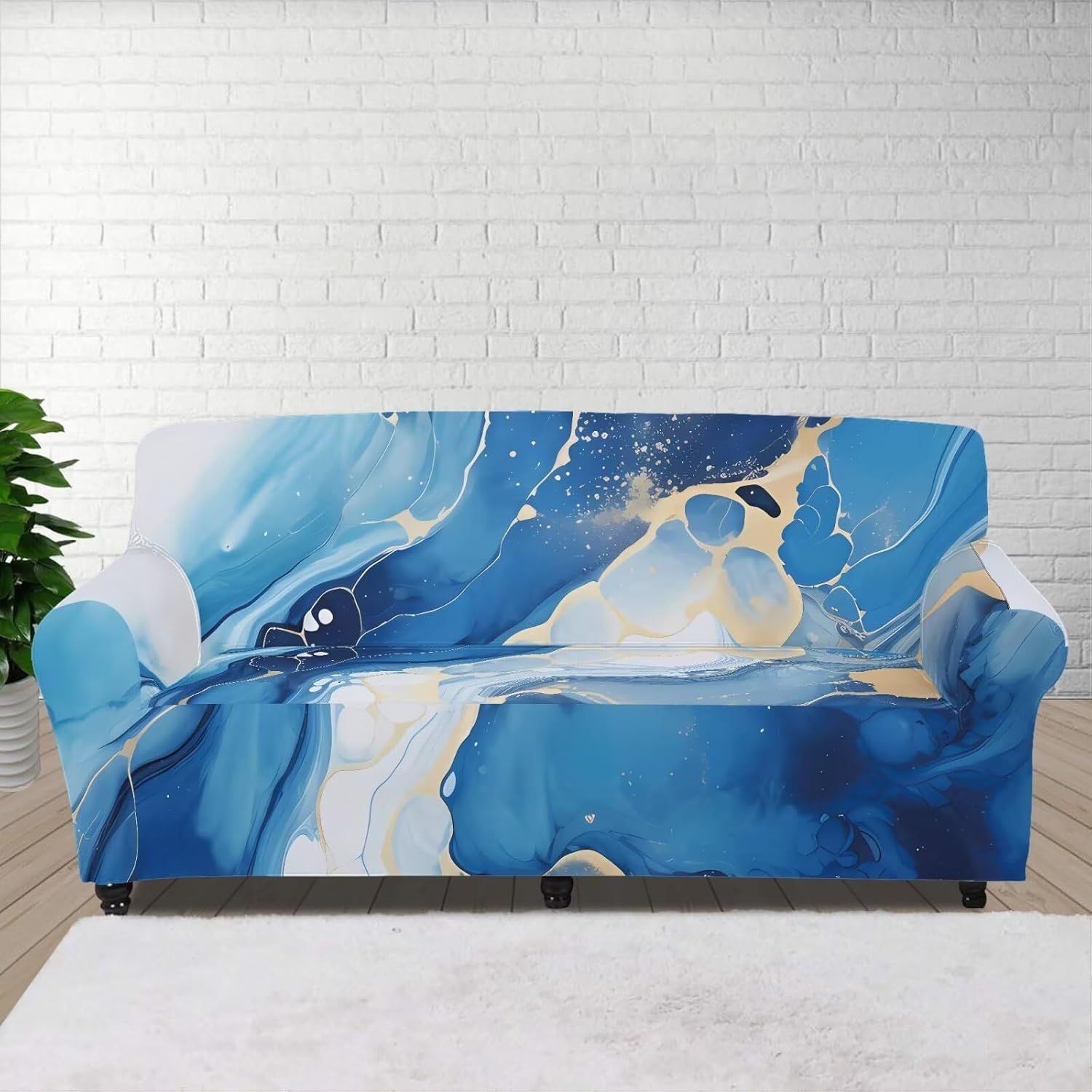Loveseat Covers Blue Waterproof Cushion Covers Slip Covers for Rv Furniture (55"-72.8") Fitted Couch Covers with Non Skid Foam and Elastic Bottom for Pets