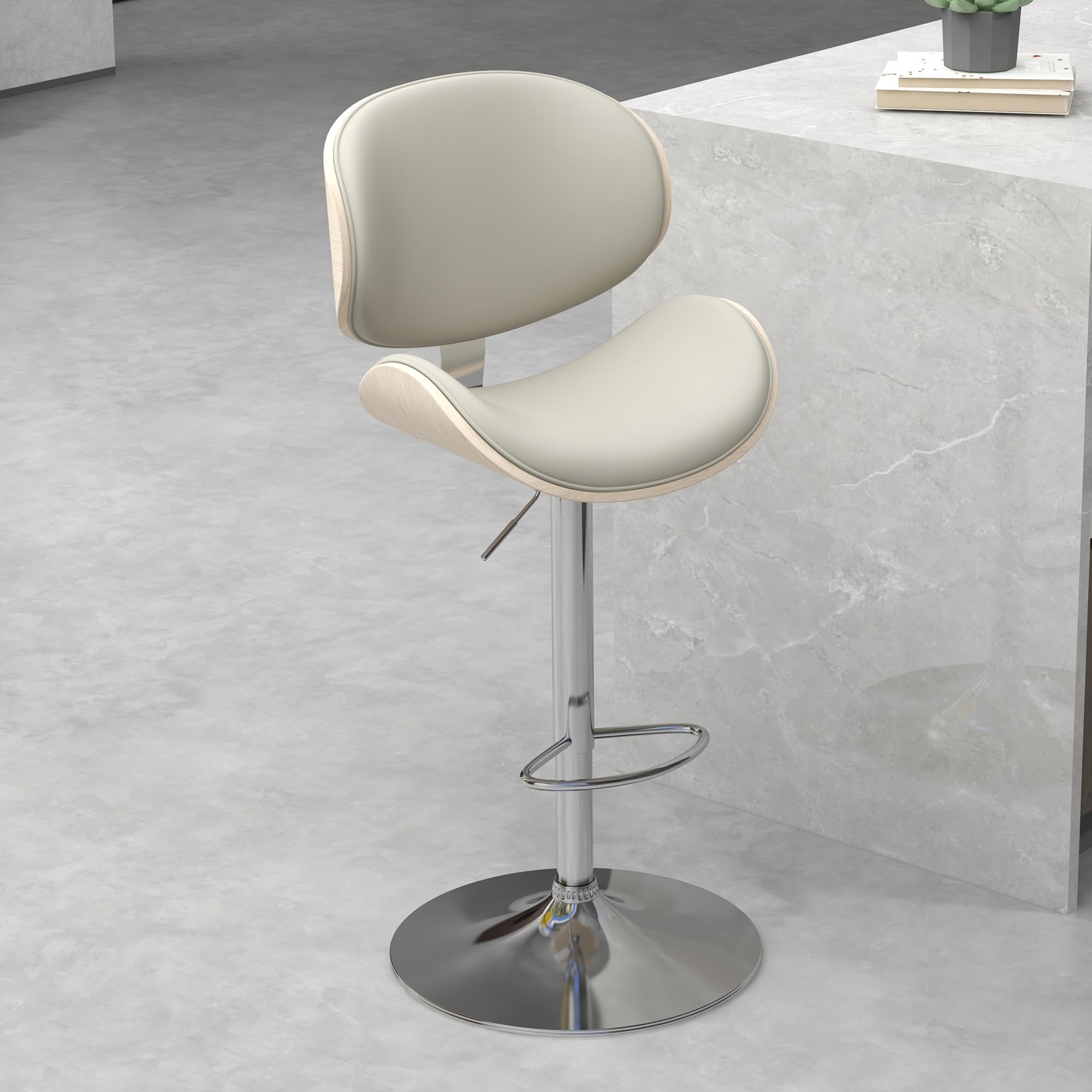 civama Bar Stools 1 PC for Kitchen Counter, Adjustable Bar Height Chairs, Modern Swivel Barstools with Bentwood Seat and Back with Footrest for Kitchen Island, Dining Room, Grey PU Leather