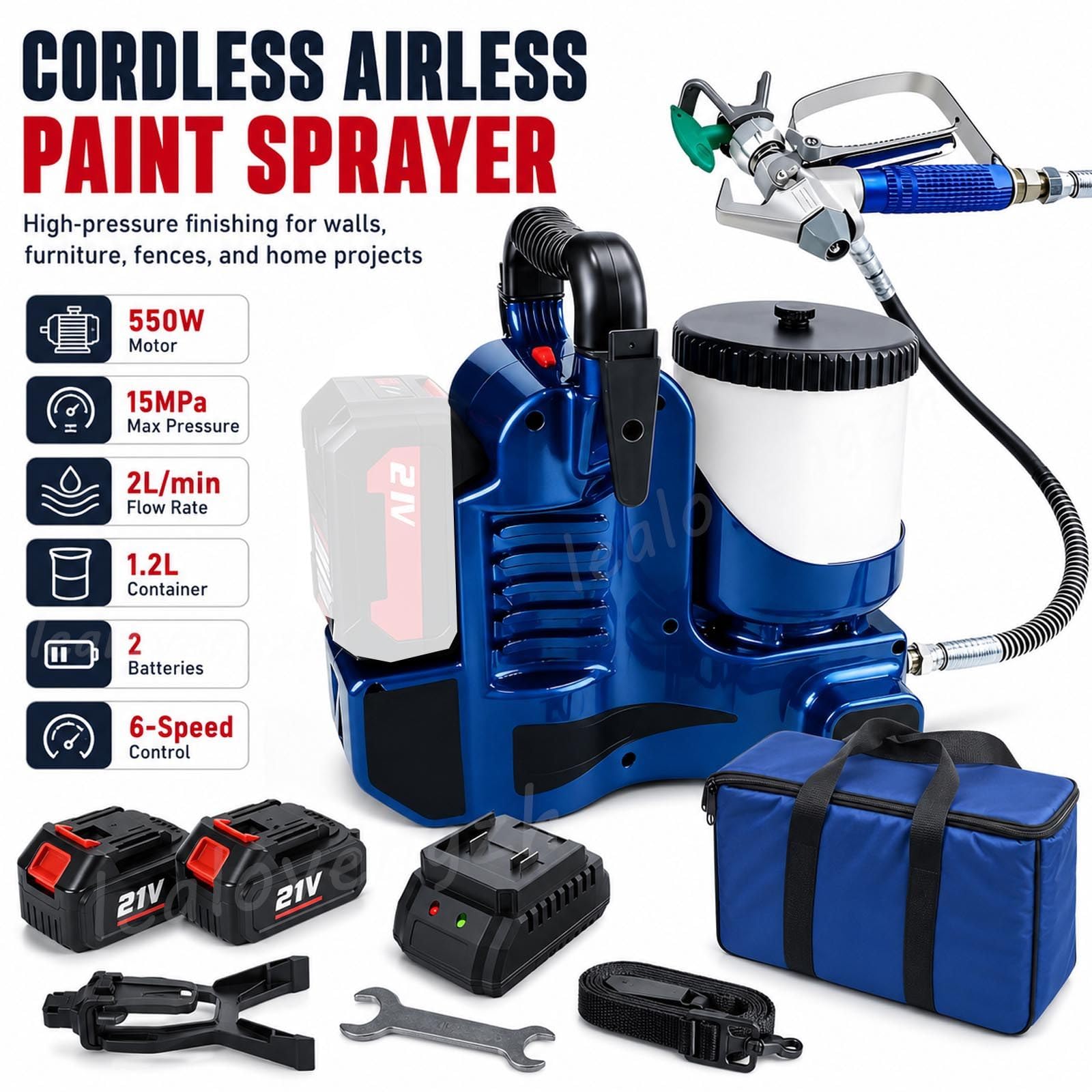 Pulverizador Airless de Alta Presión 550W, Equipo de Pintura con 2 Baterías, Cinturón, Depósito 1,2L y 6 Niveles para Reformas