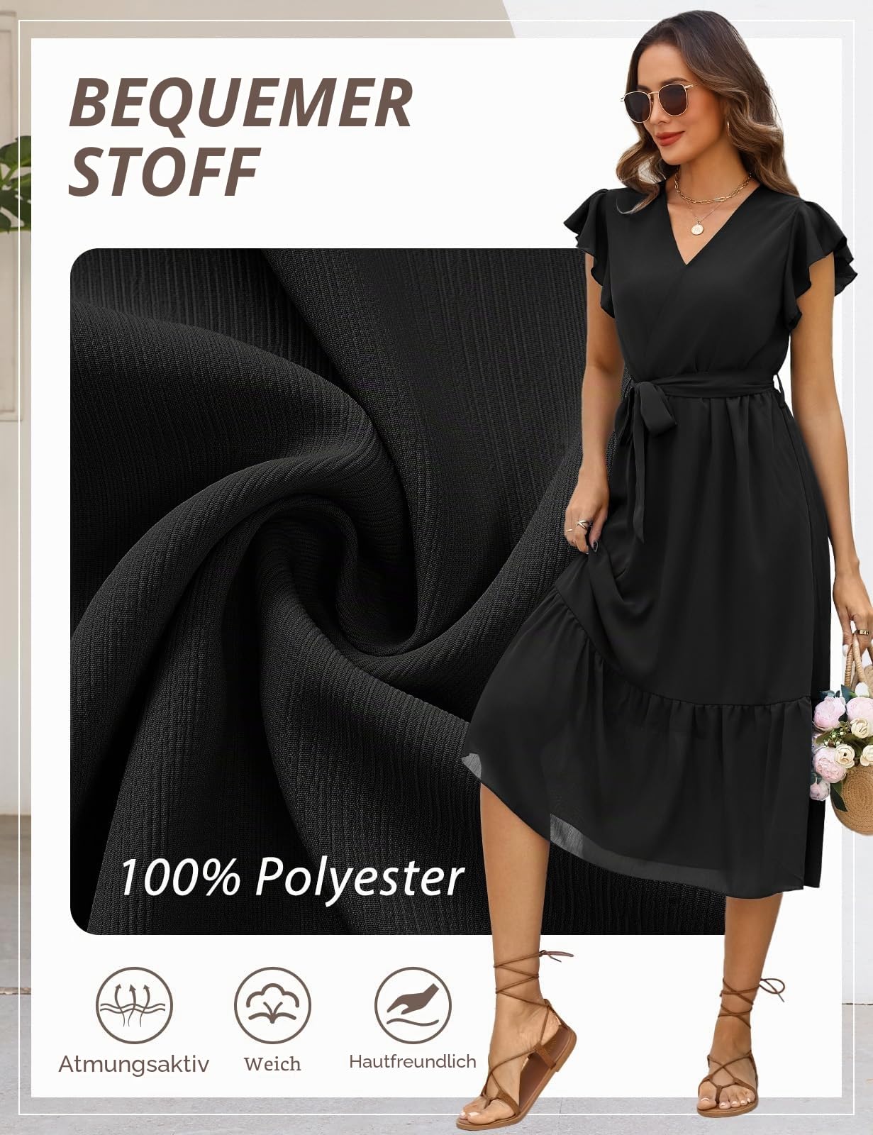 Sommerkleid Damen Maxikleid Casual V-Ausschnitt Rüschen Ärmeln Lang Kleid Sommer Elegant Hohe Taille A Linie Freizeitkleid Knielang Boho Strandkleid mit Gürtel