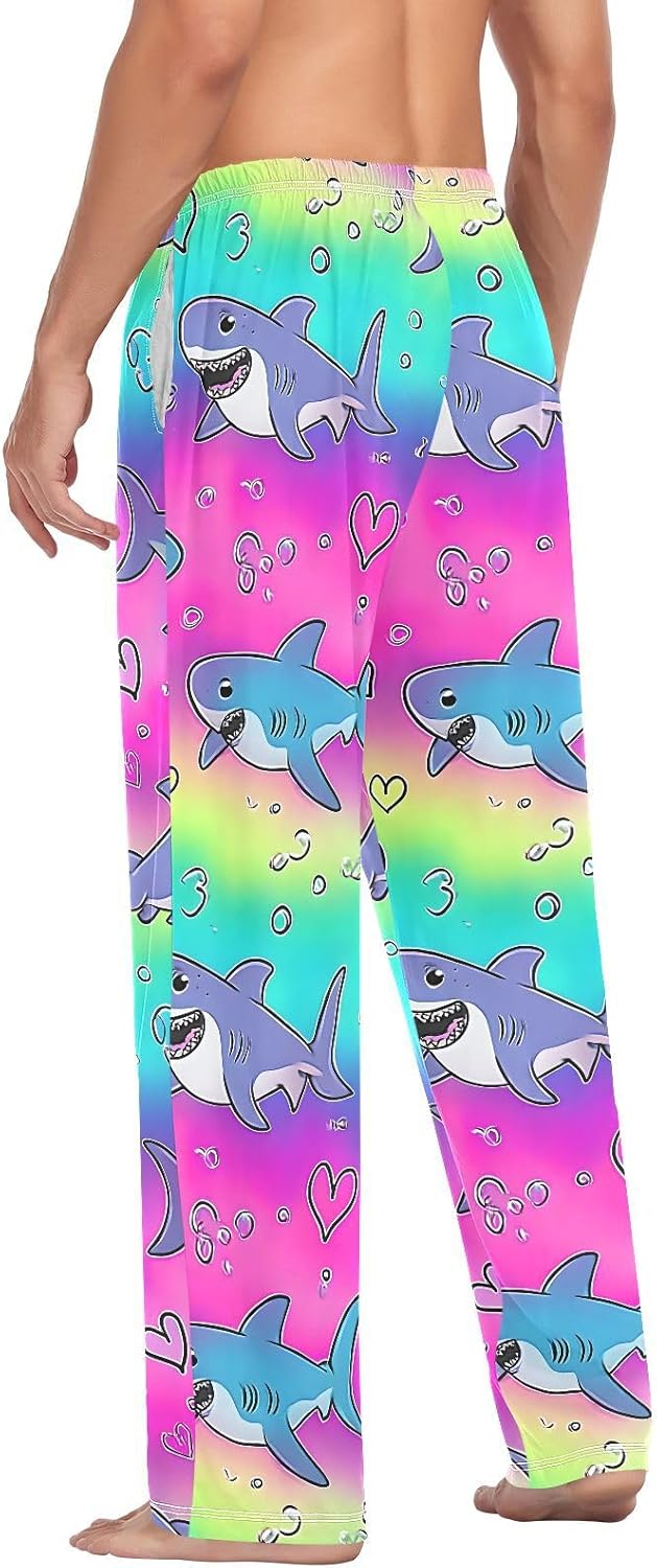 ALAZA Cute Shark Rainbow Hearts Men's Pajama Pants Men Cotton Pajama Bottoms with Pockets, S