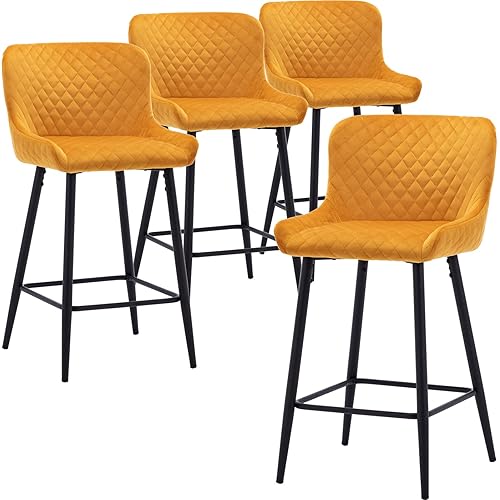 Hyfirm Counter Height Bar Stools Set of 4, 26 Inches Modern Velvet Upholstered Bar Stool Chair with Black Metal Legs, Kitchen Bar Chairs with Diamond Back and Low Arm, Yellow