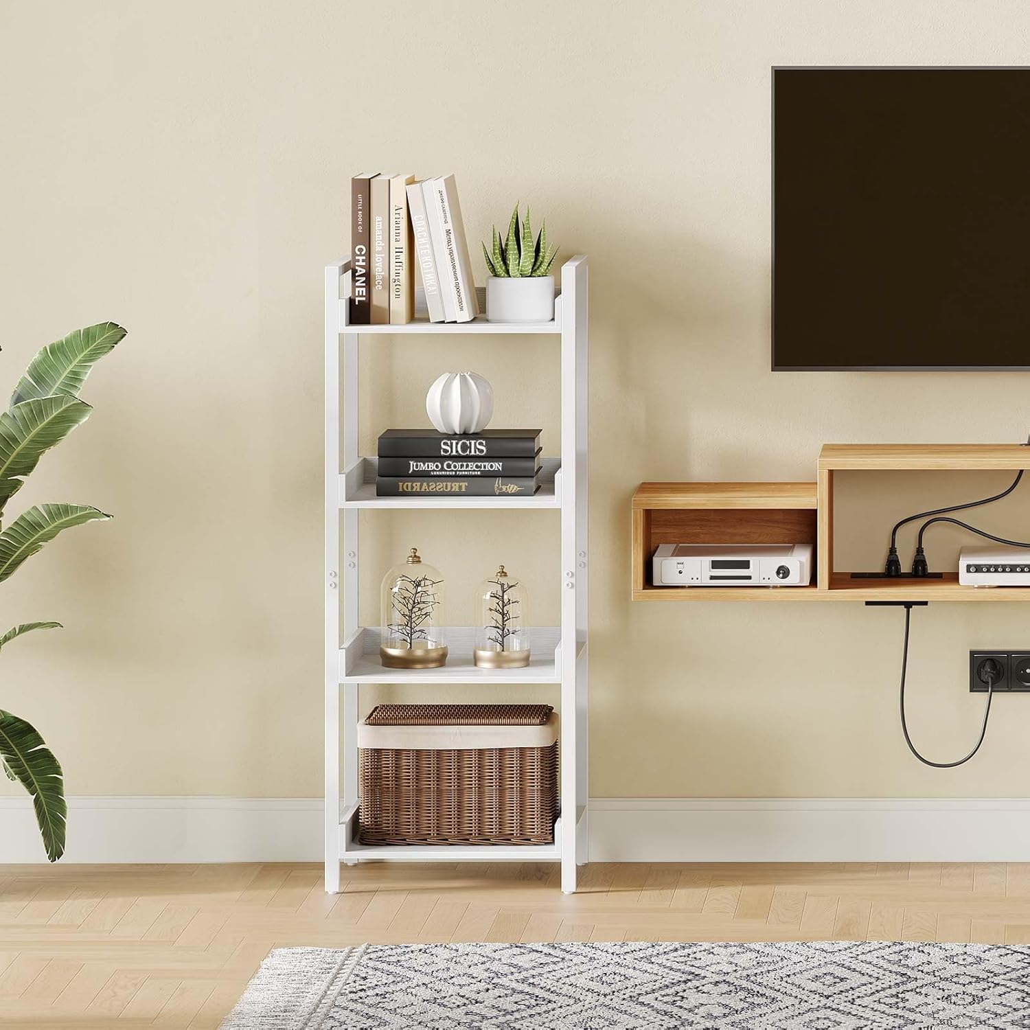 Rolanstar Bookshelf, 4-Tier Storage Rack, Narrow Corner Bookshelf, Display Wooden Shelves for Living Room, Bathroom, Balcony, Kitchen,White