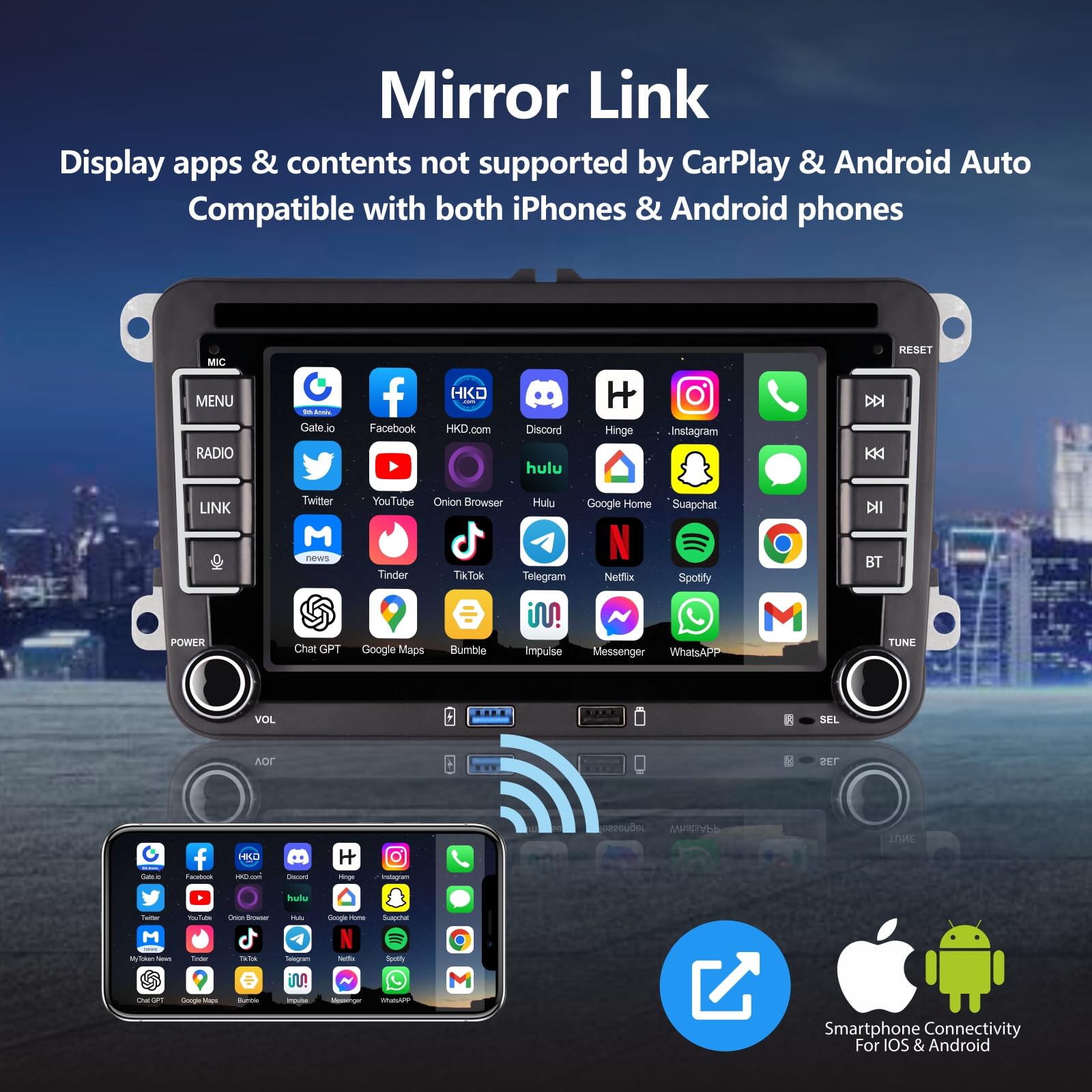 VW Autoradio mit 7 Zoll Bildschirm Kompatibel mit Wireless CarPlay & Android Auto für VW Golf 5/6, Passat, Polo, Jetta, Caddy, EOS, T5, Tiguan, Touran, CC, Bluetooth/FM/AM-Radio/USB/EQ
