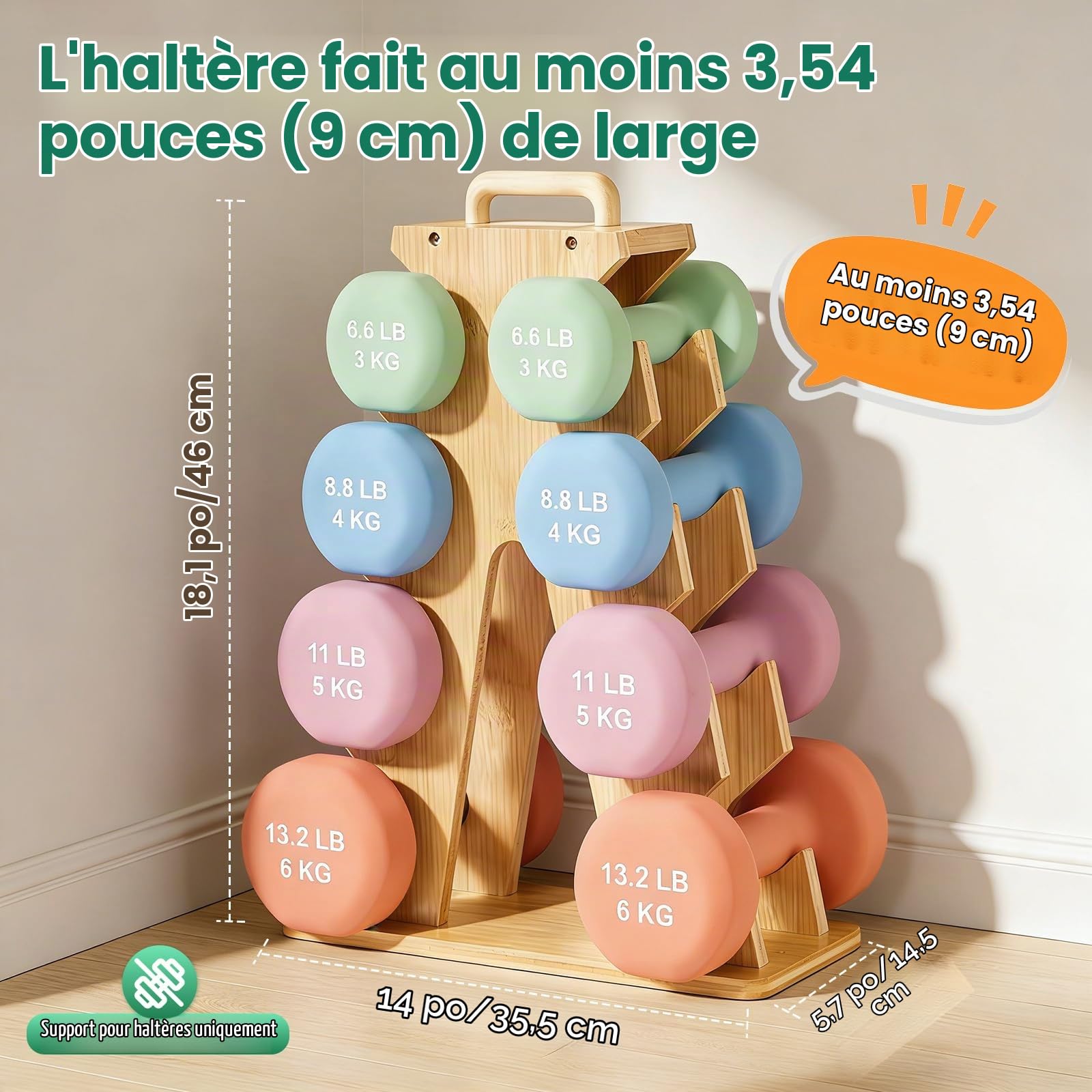 4 Niveaux Support d'Haltères, Support à Haltères, de Poids en Bois Compact Gym Stockage, Convient pour Ranger des Haltères de 3-7KG, pour le Bureau, la Salle de Sport, Salon, 35,5x14,5x46cm