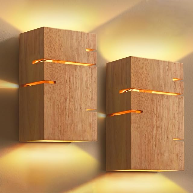 2 Stück Wandleuchte Innen Holz, E27 Vintage Wandlampe 2-Flammig, Quadrat | Up and Down Leuchten Design, Retro Wandleuchten Boho Holz Flurlampen, Dekoration Wandbeleuchtung für Wohnzimmer Schlafzimmer