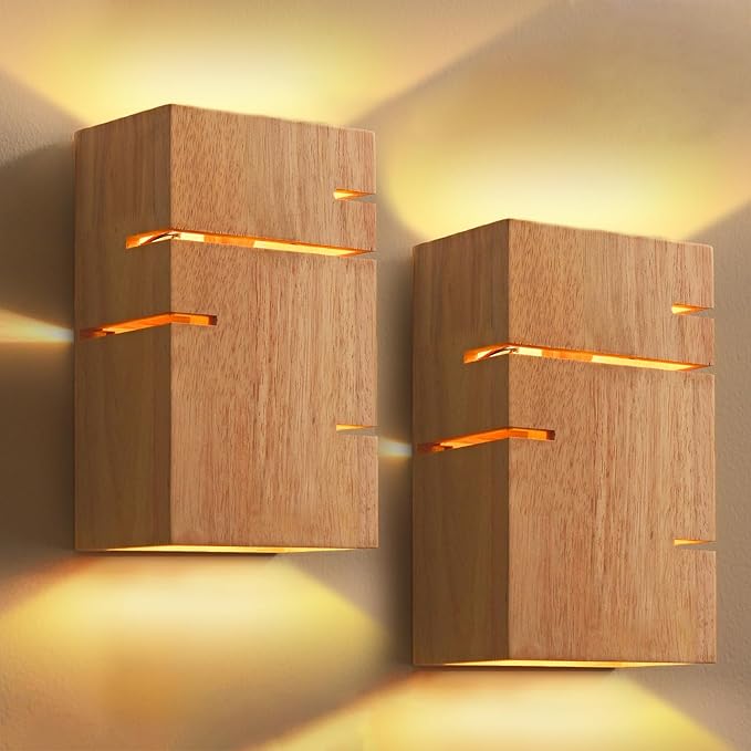 2 Stück Wandleuchte Holz Innen, Vintage Wandlampe Holz Flurlampe, E27 Retro Industrial Wandbeleuchtung, Up and Down Leuchten Warmweiß 3000K, Wandleuchten für Wohnzimmer Schlafzimmer Flur, Quadrat