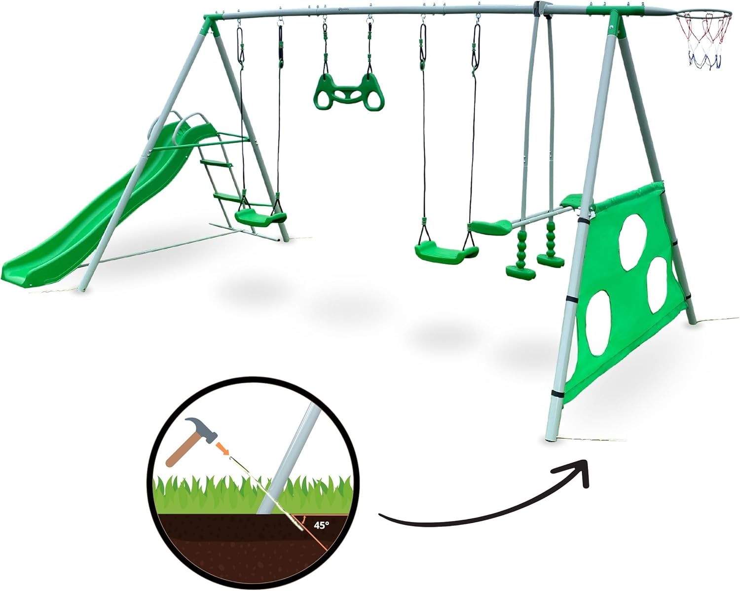 Illustration showing how to anchor the playground set frame into the ground at a 45-degree angle using a hammer.