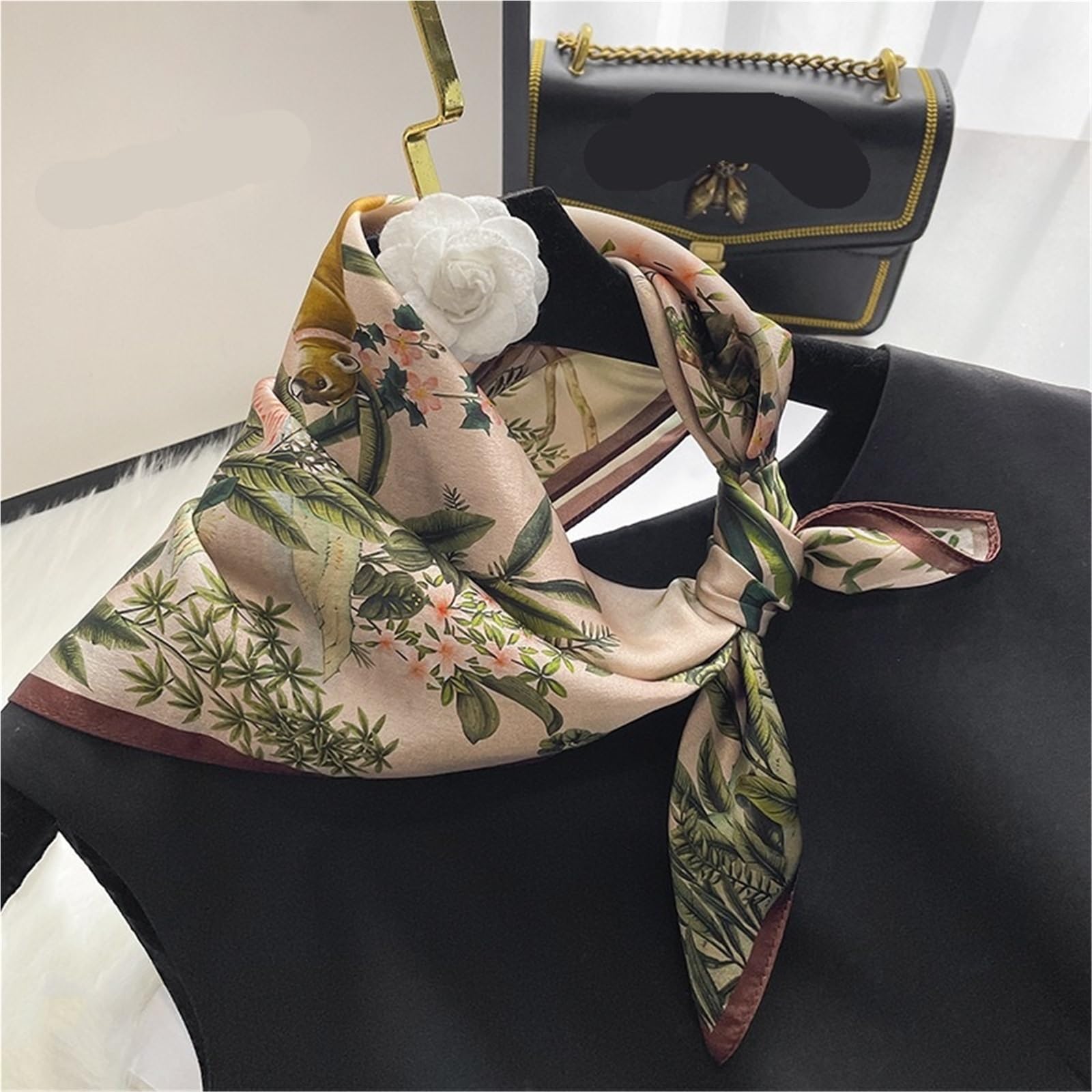 Bufanda de Seda for Mujer, pañuelo Cuadrado con Estampado de Plantas Coloridas de 68cm, Chal de Seda simulado for Mujer