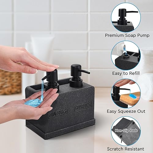 Miniatura 4 de Juego de dispensador de jabón para manos y platos para fregadero de cocina, dispensador de jabón doble con organizador de esponja y soporte para