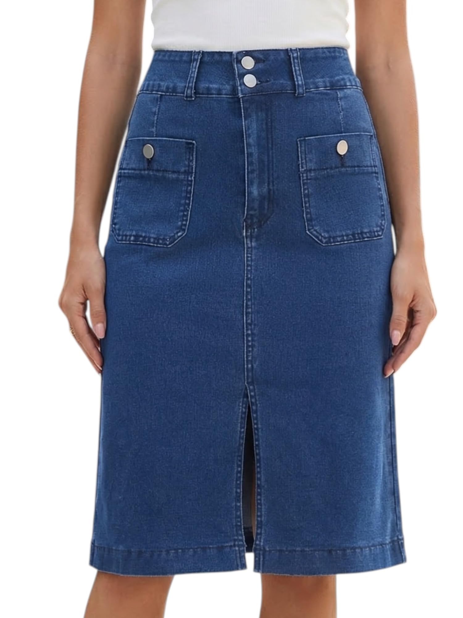 Femme Jupe en Jean Denim Extensible Longueur sous Le Genou | Taille Haute 2 Poches devant Style Décontracté Été Confort et Ajustement Flexible Port Toute la Journée